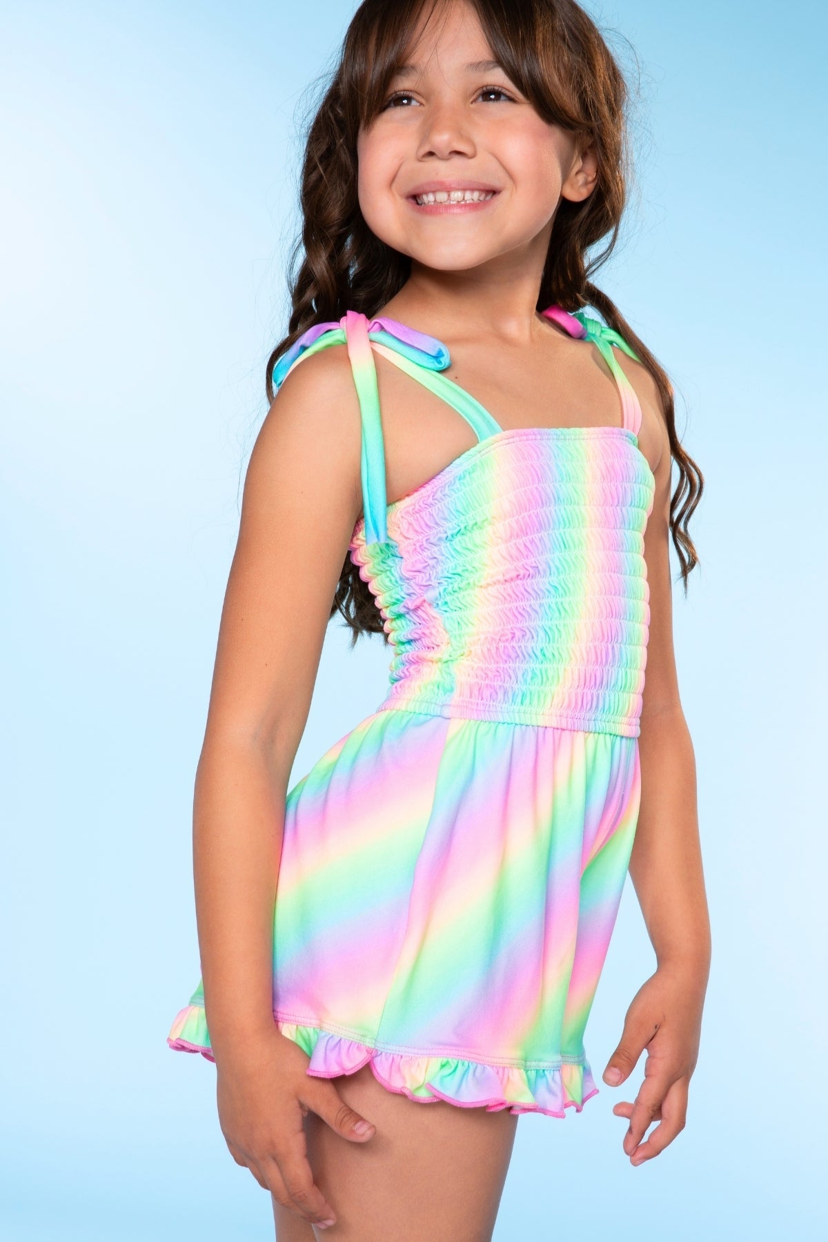 Smocked Ruffle Hem Romper - Pastel Rainbow