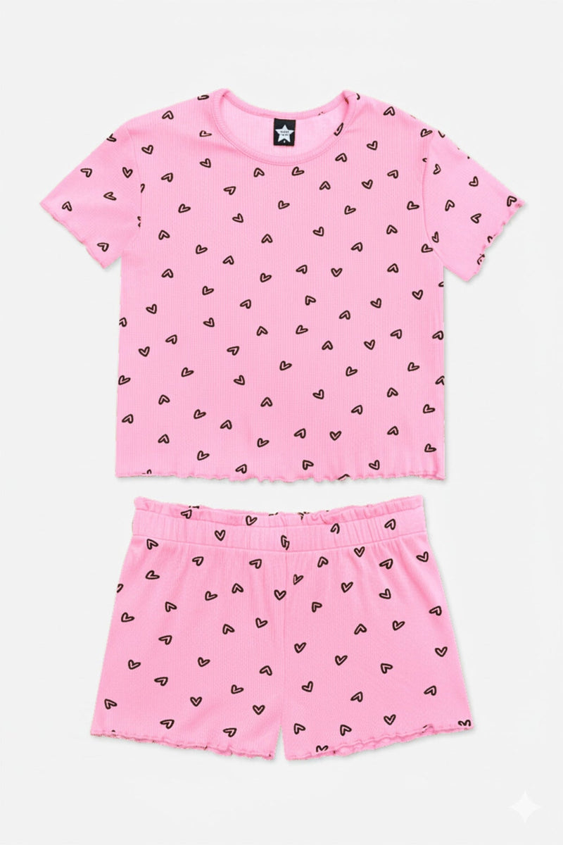 Ultra Soft Ribbed Lettuce Hem Easy Tee & Short Set - Neon Pink Heart