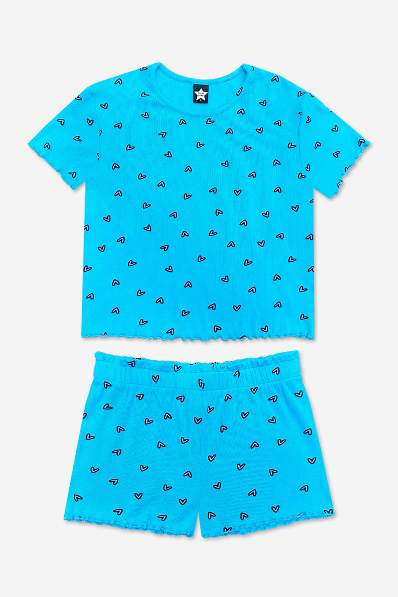 Ultra Soft Ribbed Lettuce Hem Easy Tee & Short Set - Neon Blue Heart
