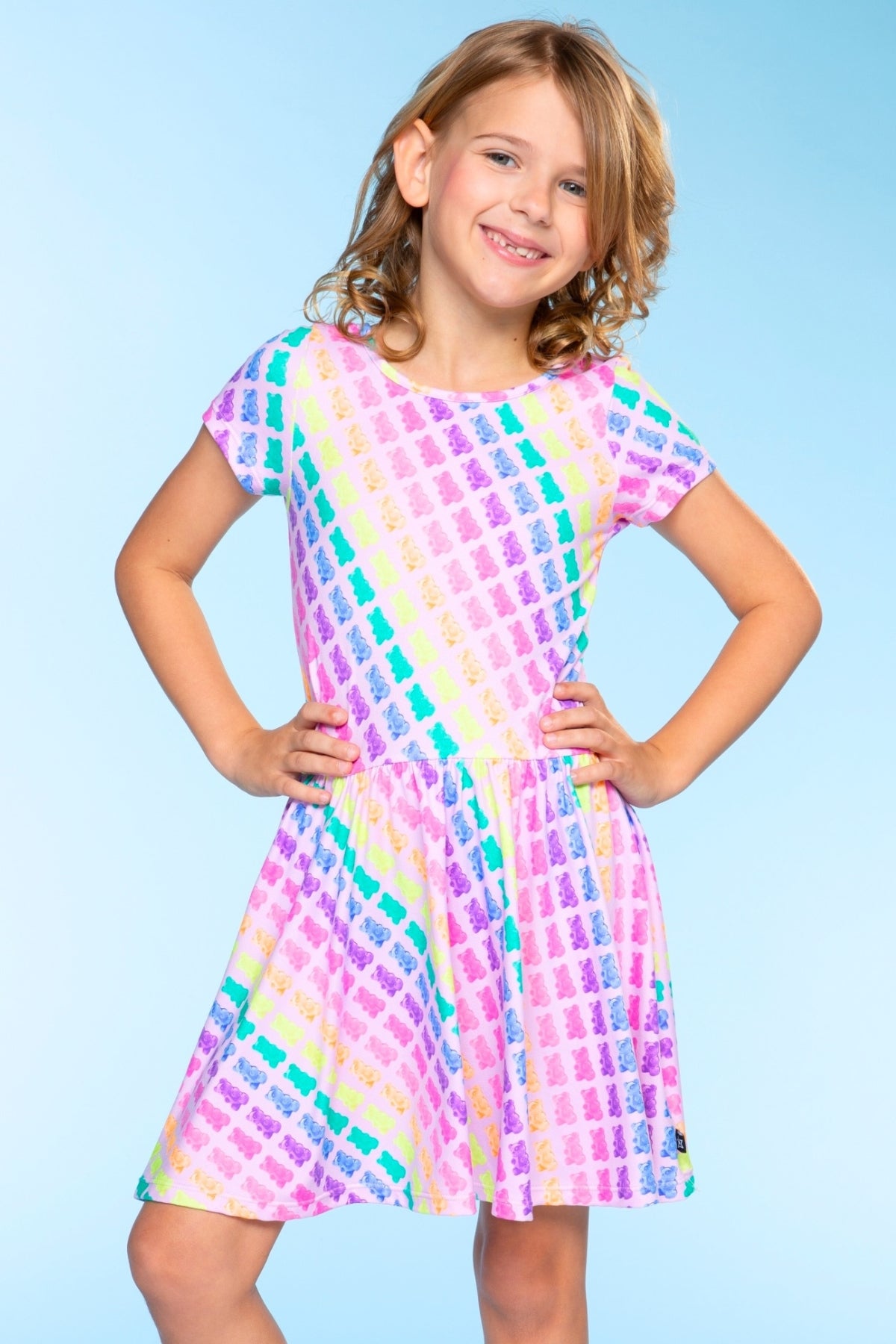 4-Pack Simply Soft Short Sleeve Dress - Pink Rainbow Gummy Bear | Lt Blue Neon Pink | Denim Leopard Splatter | Pink Strawberry Daisy
