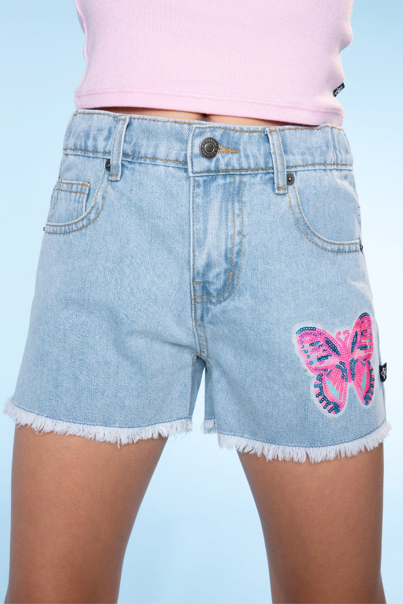 Denim Girlfriend Short - Lt Denim Sequin Butterfly