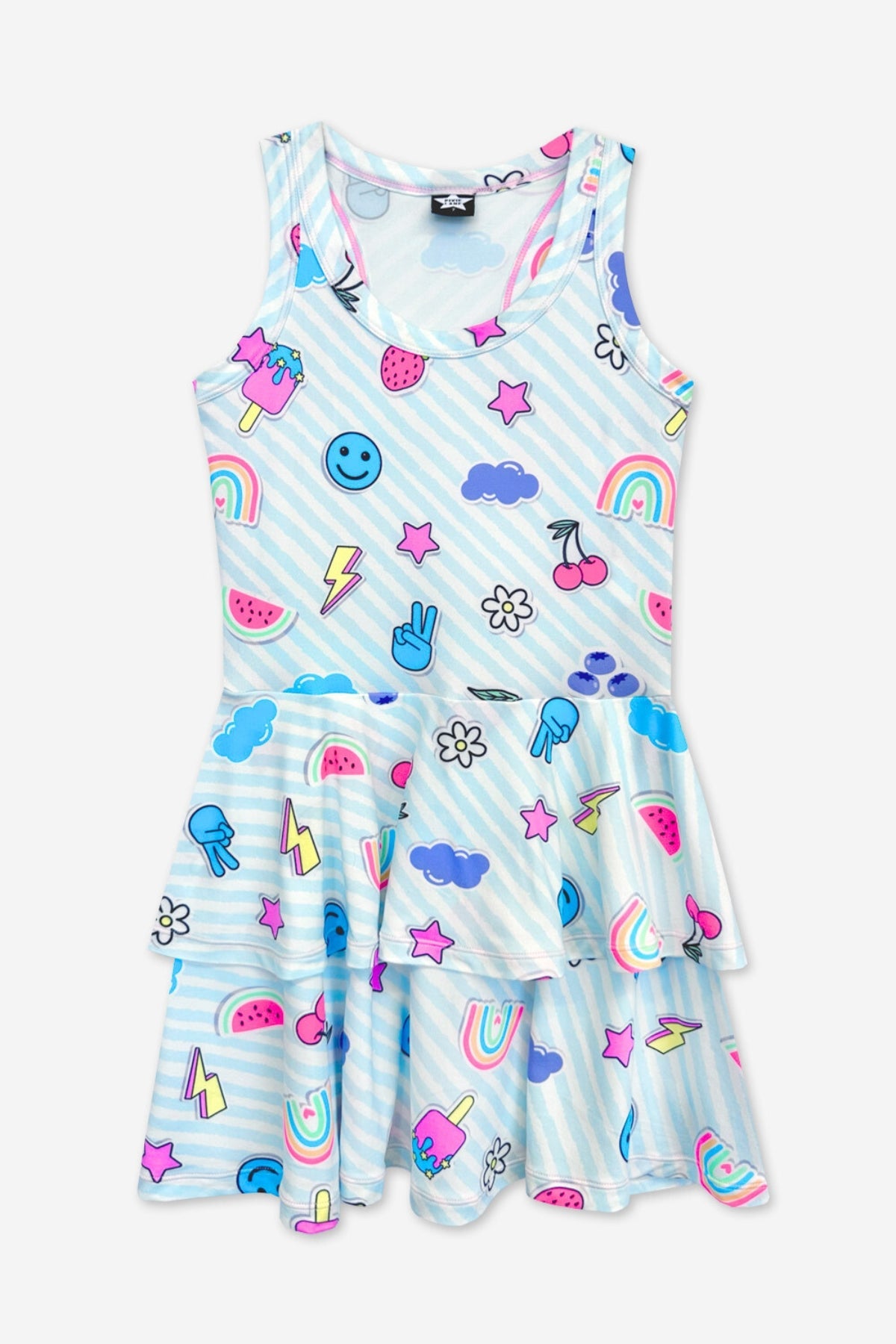 Simply Soft Racerback Ruffle Skirt Dress - Blue White Emojis Stickers