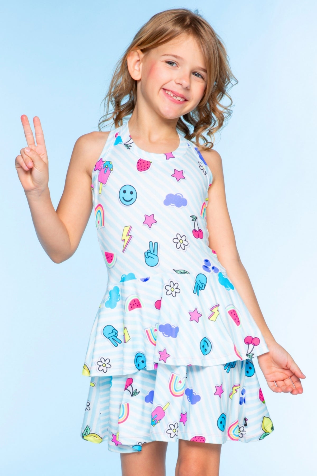 Simply Soft Racerback Ruffle Skirt Dress - Blue White Emojis Stickers