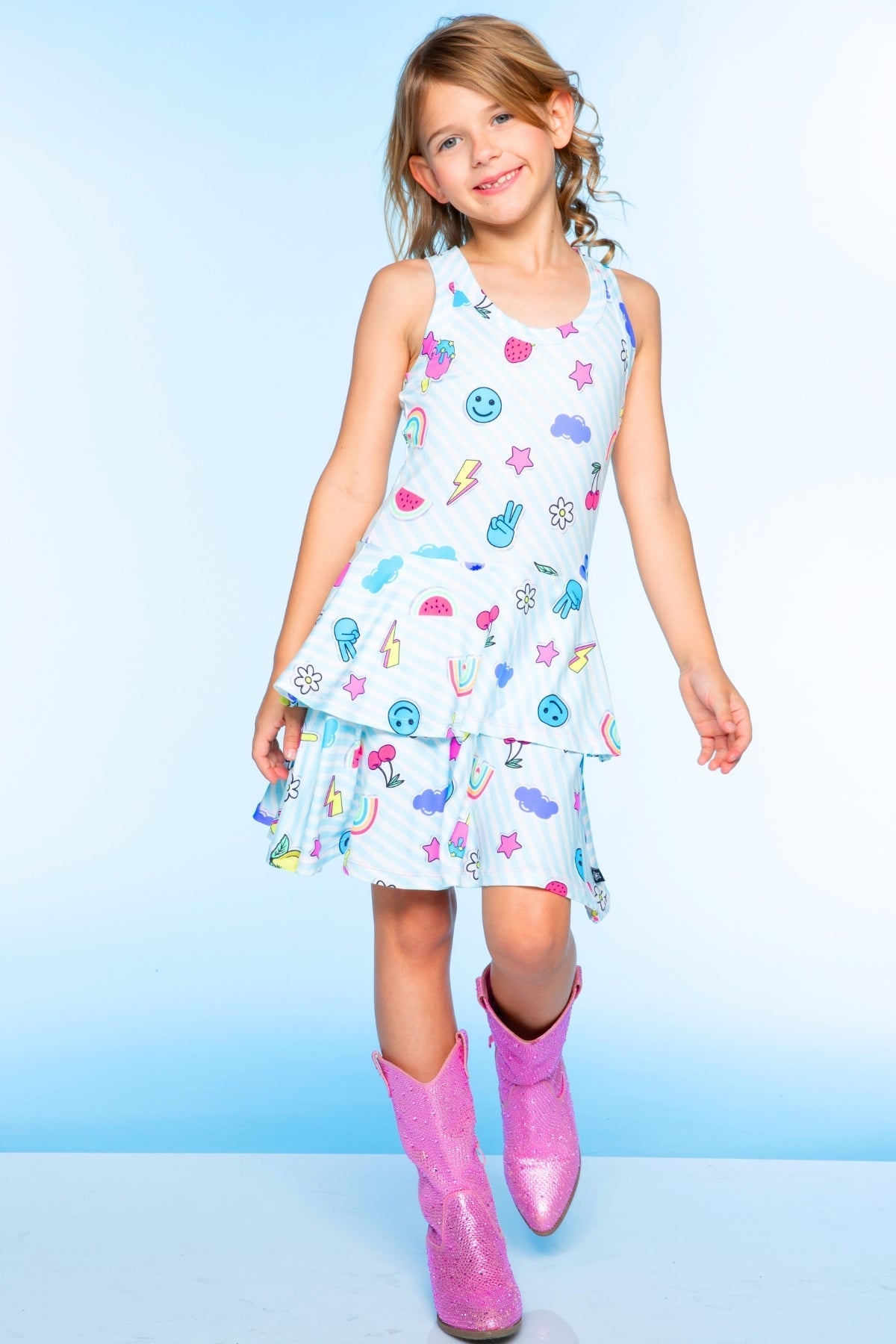 Simply Soft Racerback Ruffle Skirt Dress - Blue White Emojis Stickers