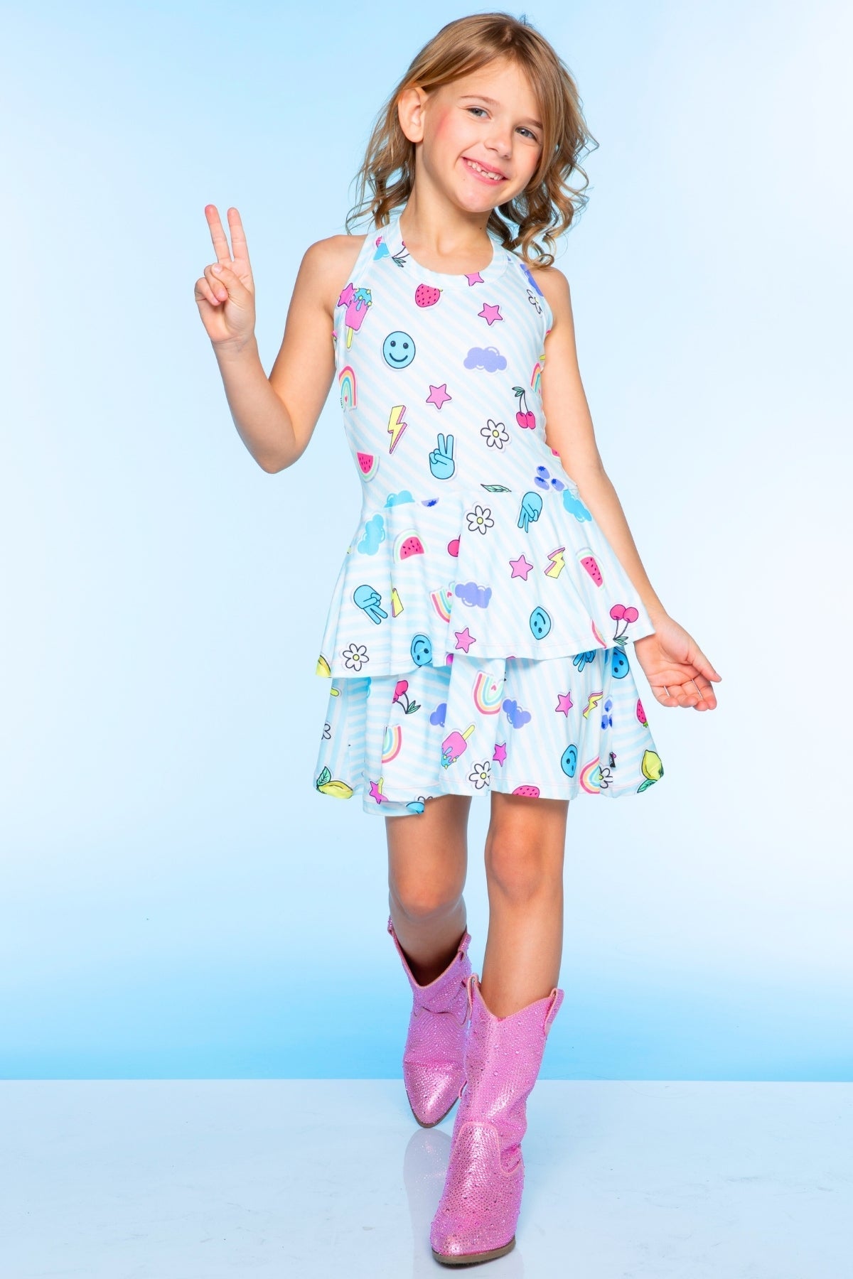 Simply Soft Racerback Ruffle Skirt Dress - Blue White Emojis Stickers