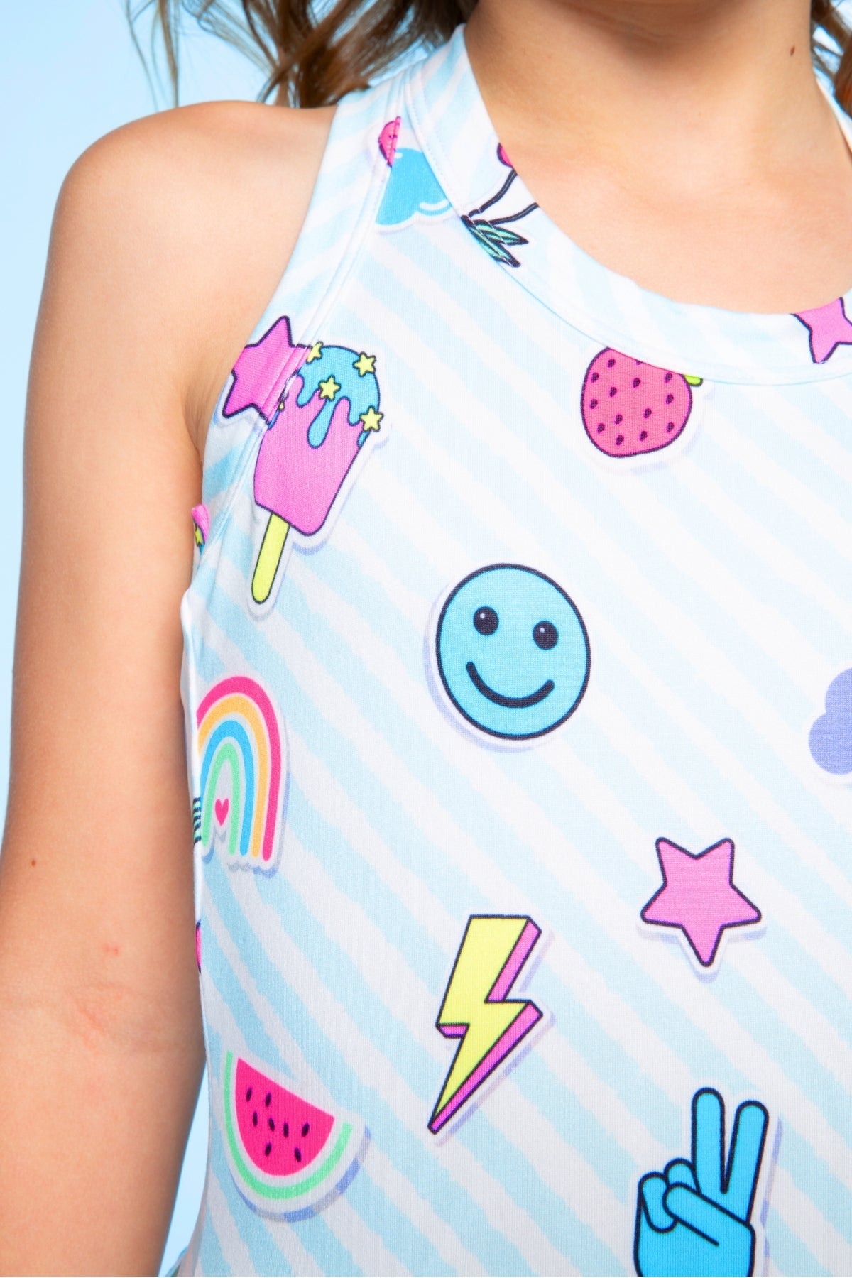 Simply Soft Racerback Ruffle Skirt Dress - Blue White Emojis Stickers