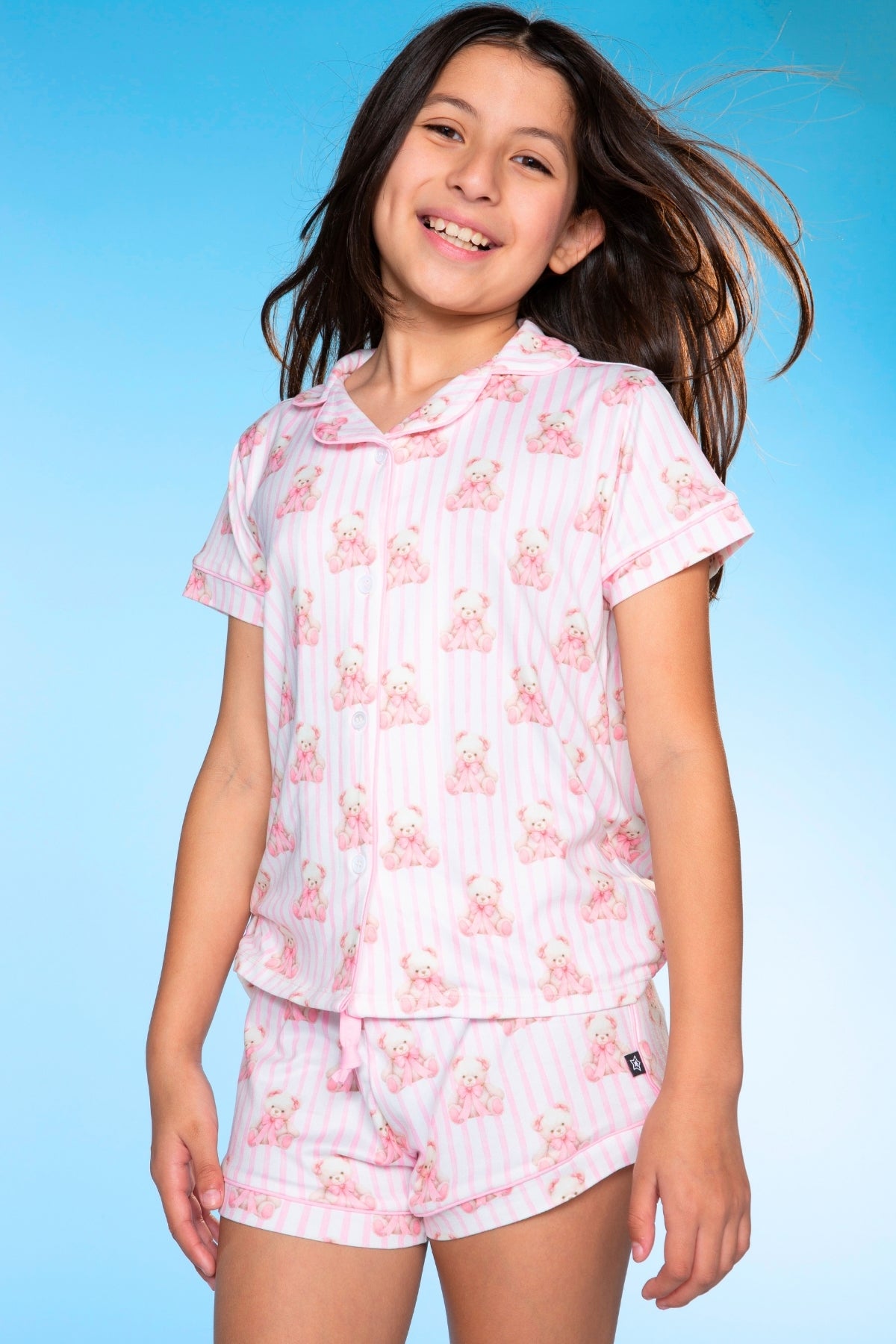2 Pack - Short Sleeve Simply Soft Button Down Top & Short - Pink Ivory Striped Strawberry | Ivory Pink Stripe Bear Bow