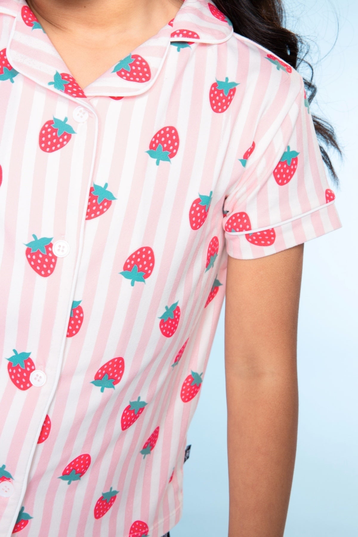 2 Pack - Short Sleeve Simply Soft Button Down Top & Short - Pink Ivory Striped Strawberry | Ivory Pink Stripe Bear Bow