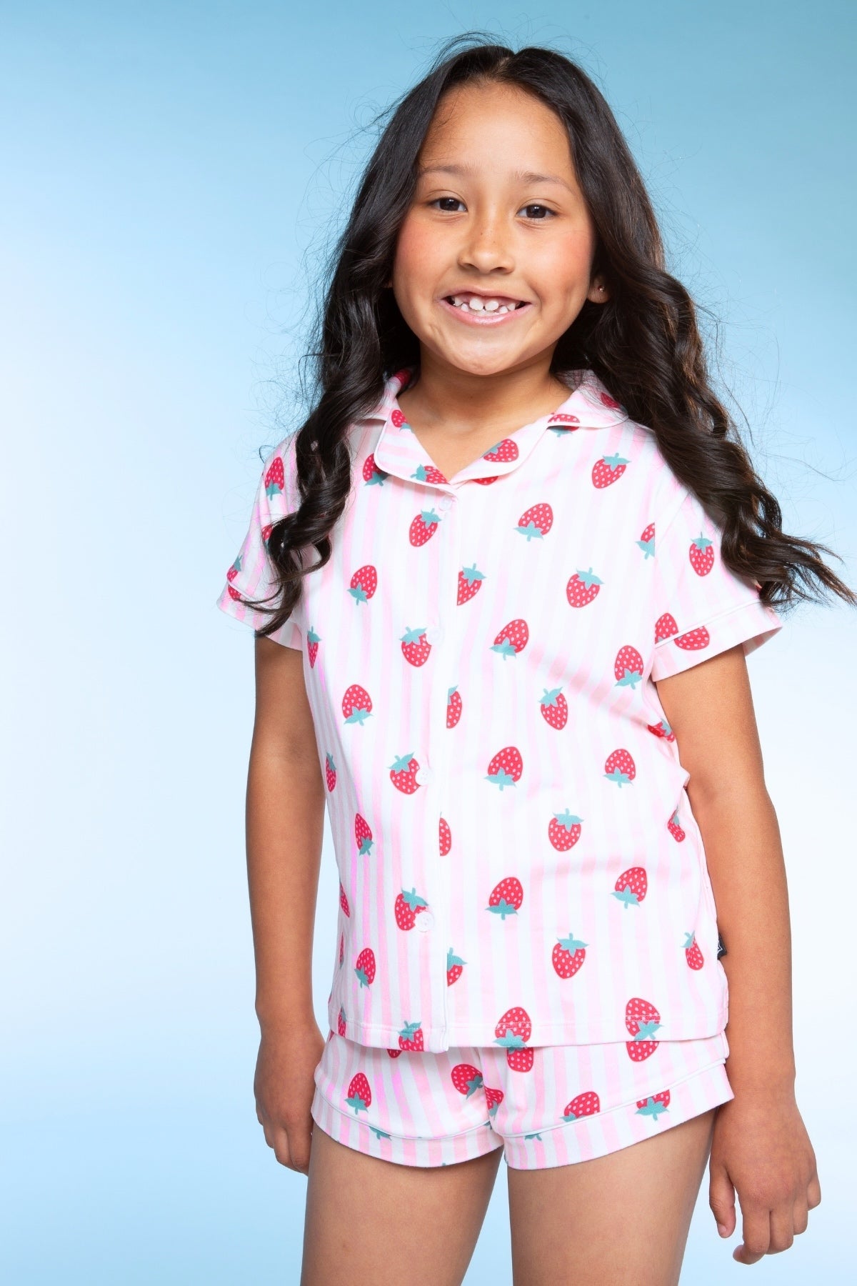 2 Pack - Short Sleeve Simply Soft Button Down Top & Short - Pink Ivory Striped Strawberry | Ivory Pink Stripe Bear Bow
