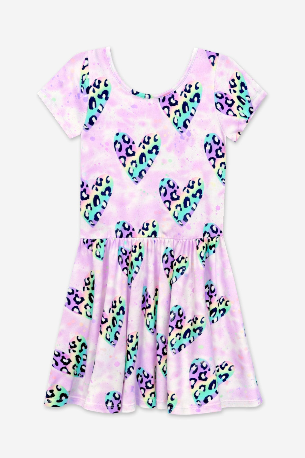Simply Soft Short Sleeve Scoop Back Be Happy Dress - Lt Pink Rainbow Leopard Heart