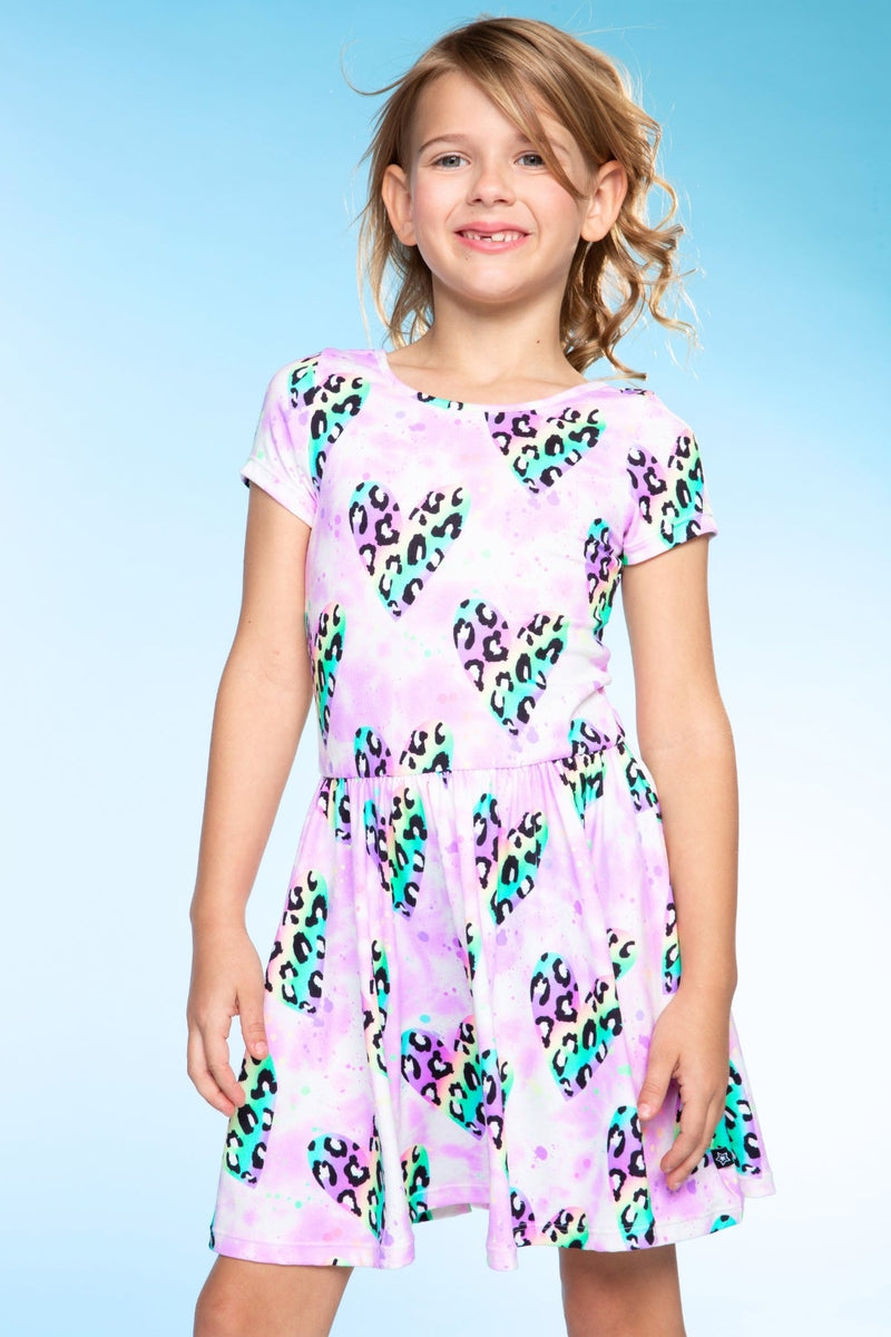Simply Soft Short Sleeve Scoop Back Be Happy Dress - Lt Pink Rainbow Leopard Heart