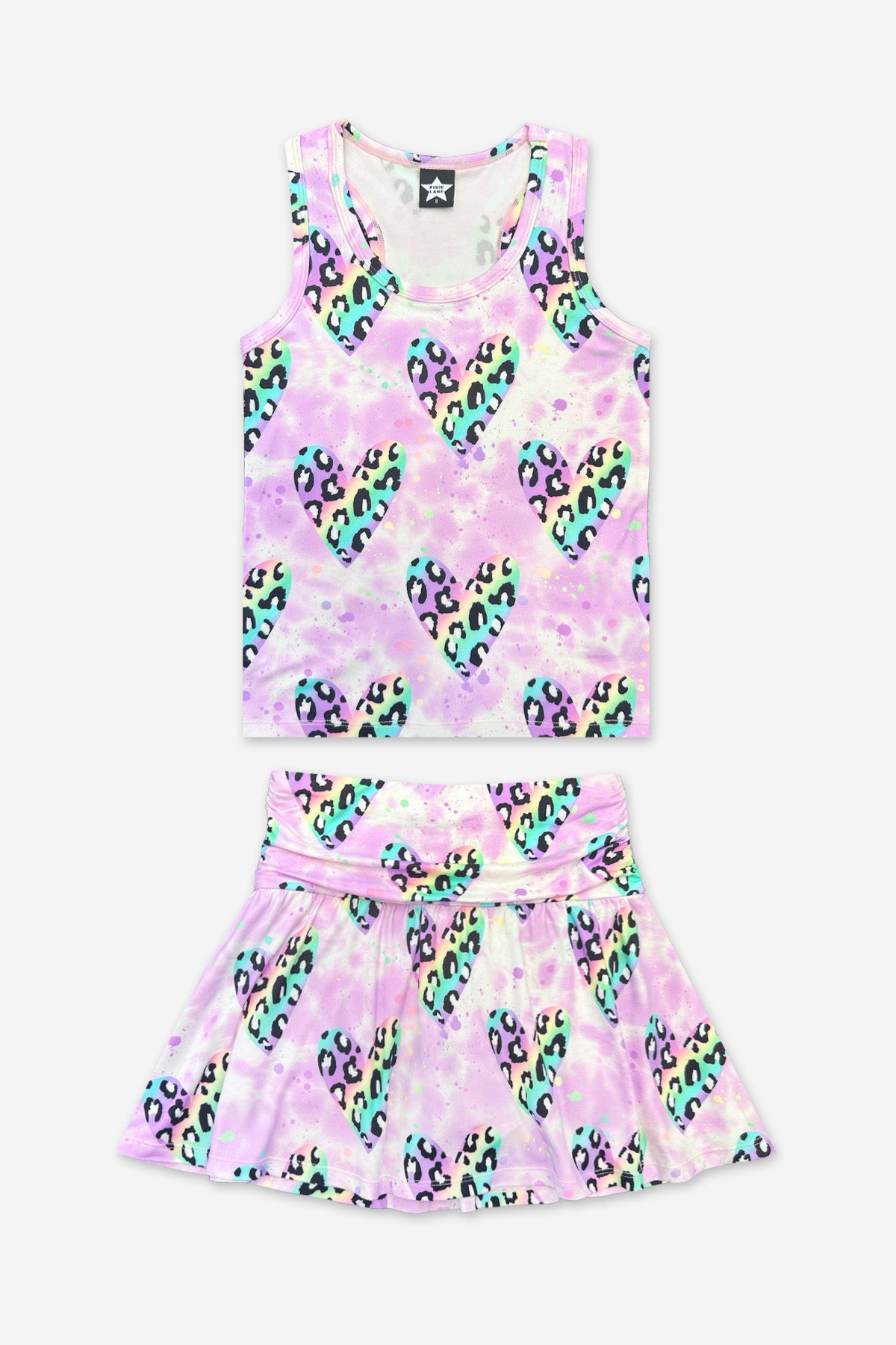 Racerback Tank & Shirred Waist Skort - Lt Pink Rainbow Leopard Heart