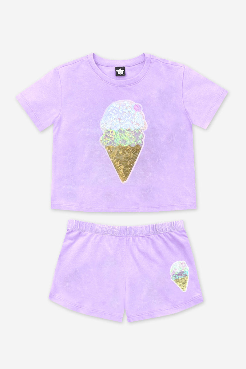 Vintage Washed Cotton Easy Tee & Dolphin Short Set - Lt Purple Sequin Ice Cream