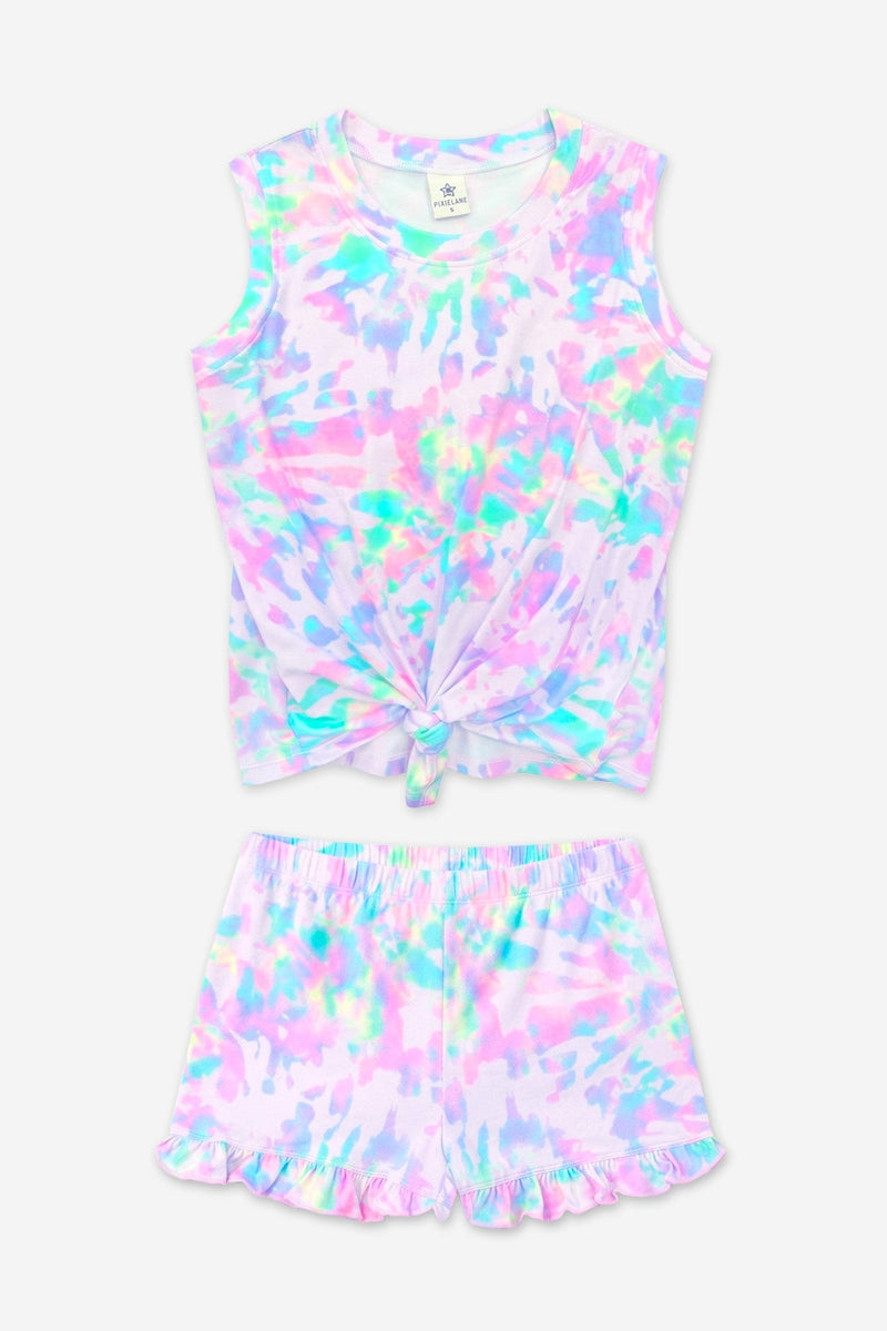 Simply Soft Tie Front Tank & Ruffle Short - Rainbow Pastel Tie Dye