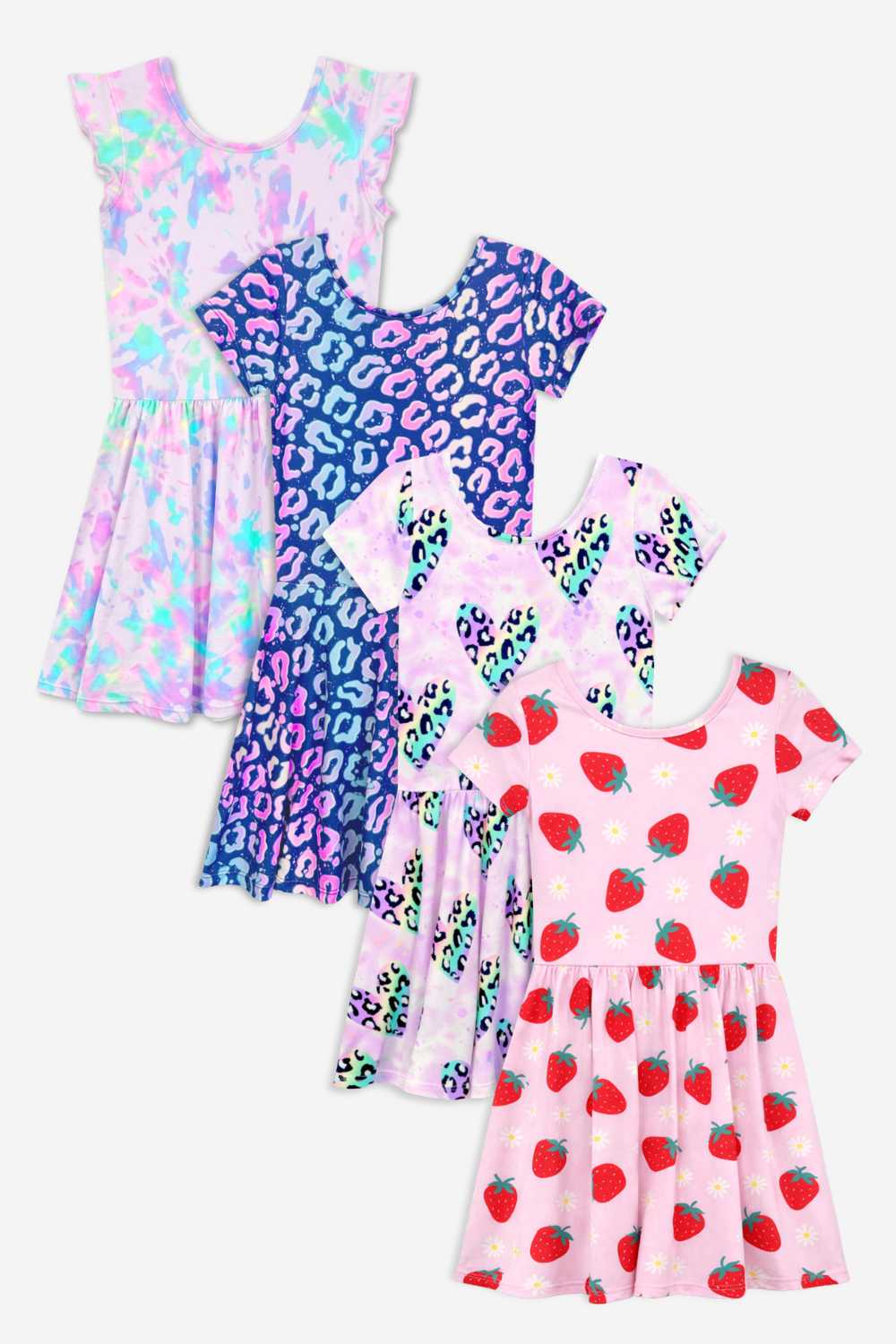 4-Pack Simply Soft Short Sleeve Dress - Pink Rainbow Gummy Bear | Lt Blue Neon Pink | Denim Leopard Splatter | Pink Strawberry Daisy