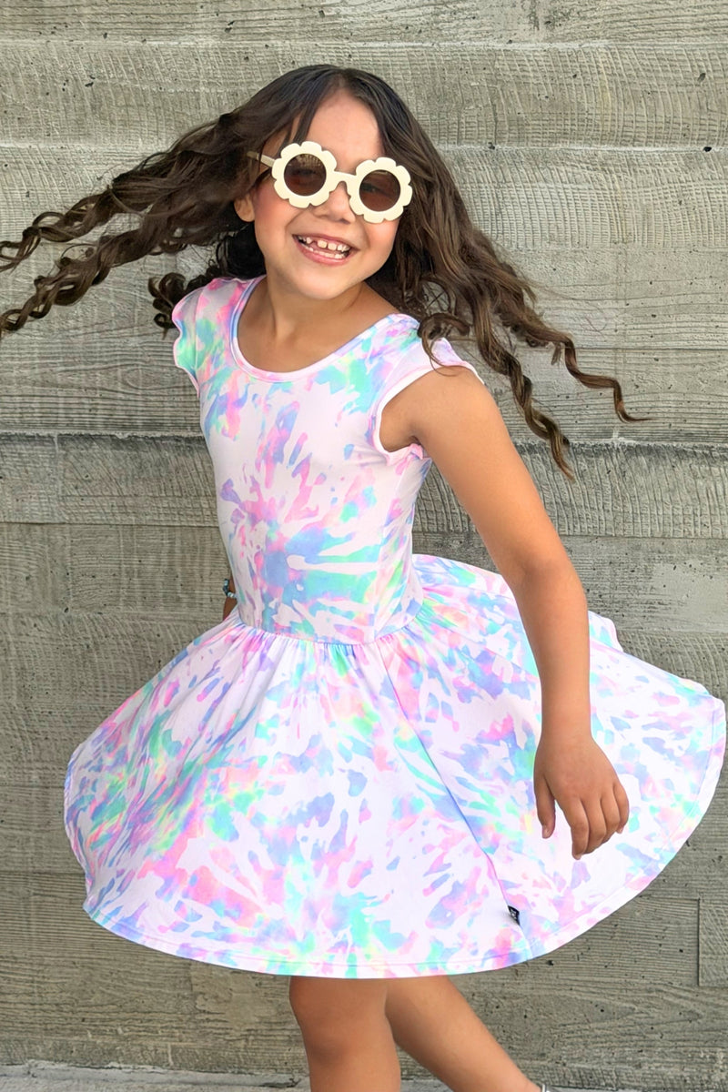 Simply Soft Flutter Sleeve Be Happy Dress - Rainbow Pastel Tie Dye