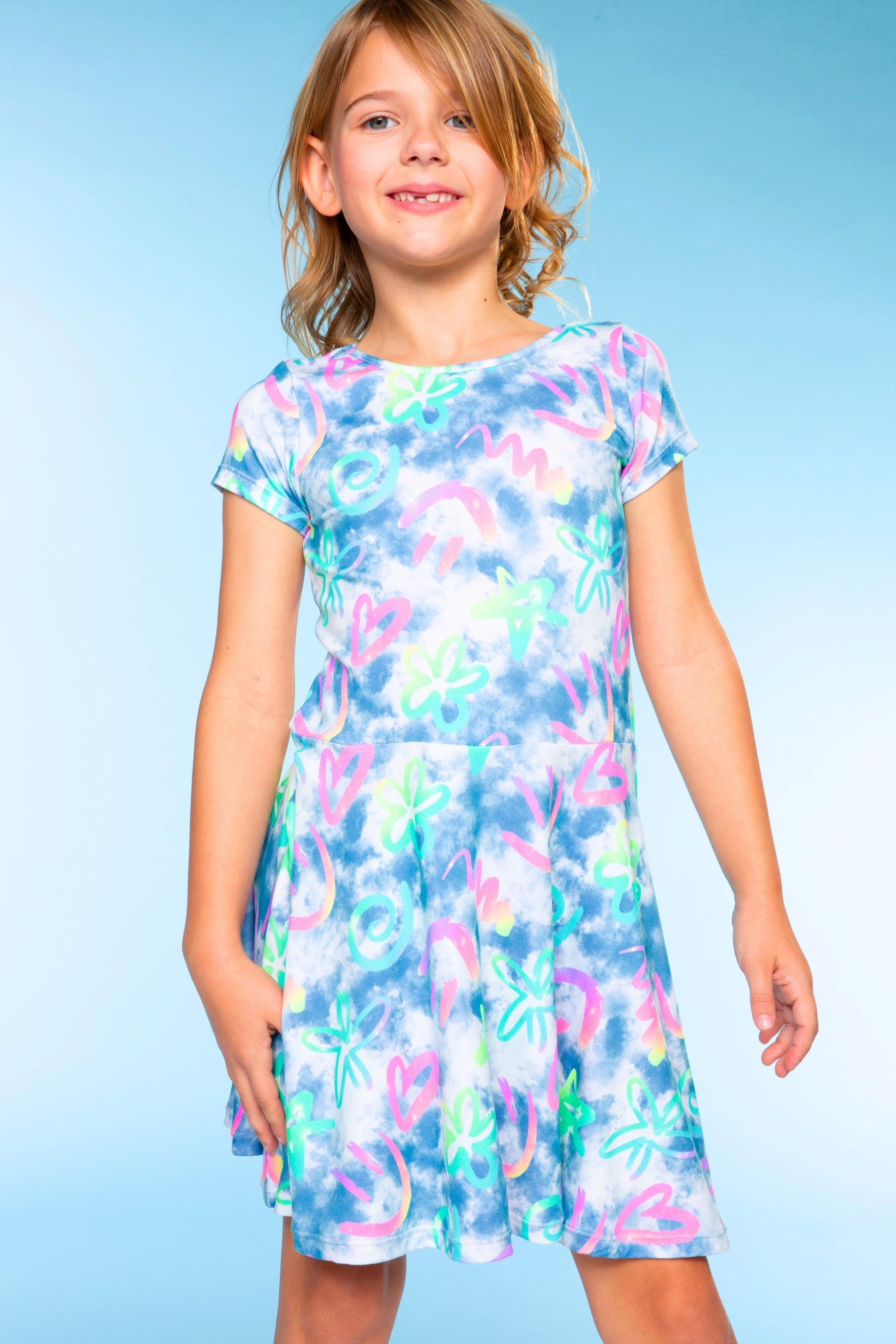 Simply Soft Short Sleeve Skater Dress - Denim Rainbow Graffiti
