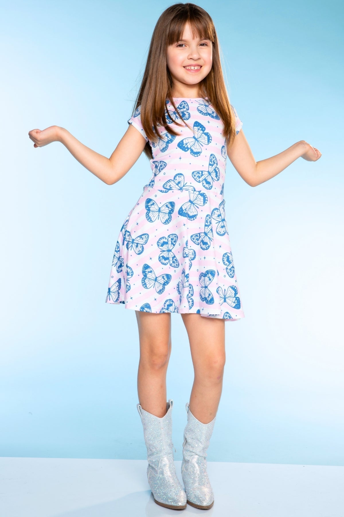 Simply Soft Short Sleeve Skater Dress - Denim Rainbow Graffiti