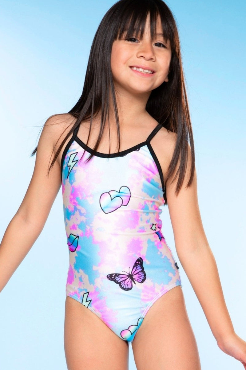 Strappy One Piece Swimsuit - Pastel Rainbow Tie Dye Emoji