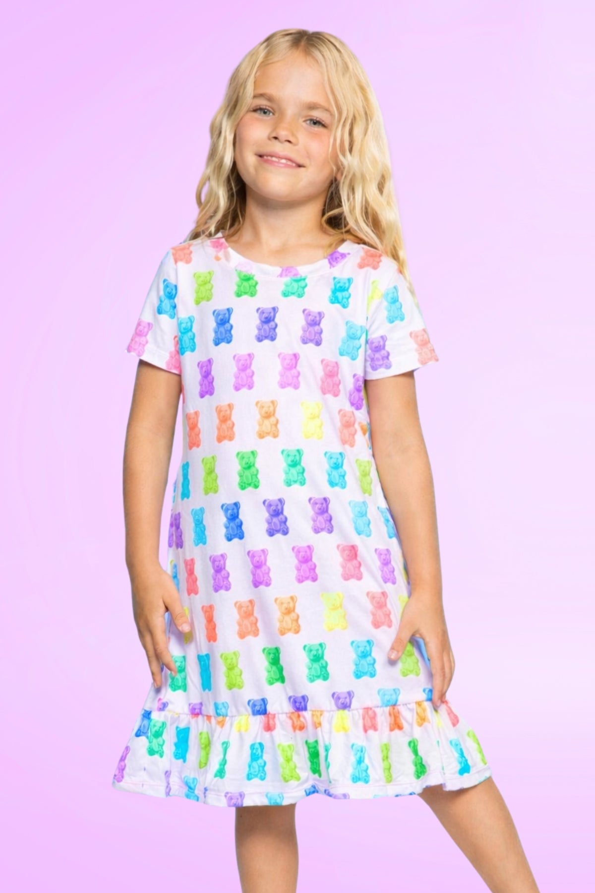 Simply Soft Short Sleeve Ruffle Lounge Dress - Lilac Rainbow Gummy Bear