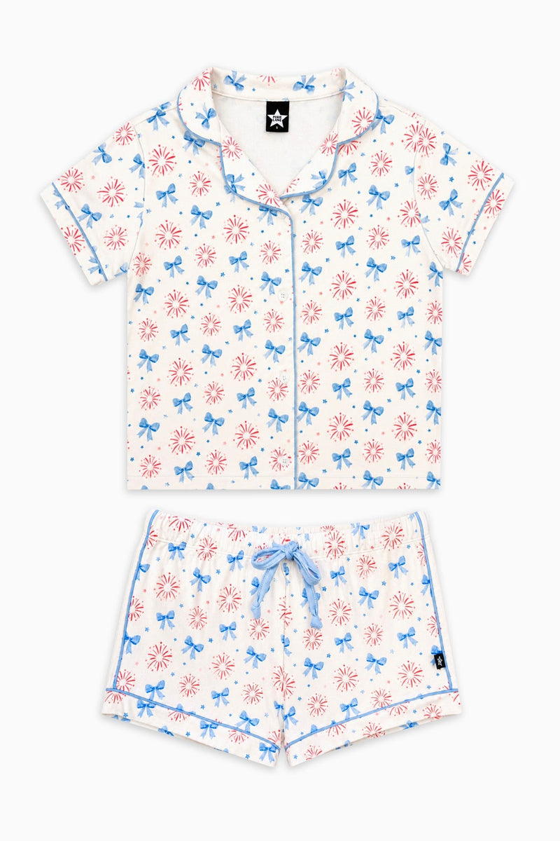 Short Sleeve Simply Soft Button Down Top & Short - Ivory Red Blue Firework Bow - NEW!