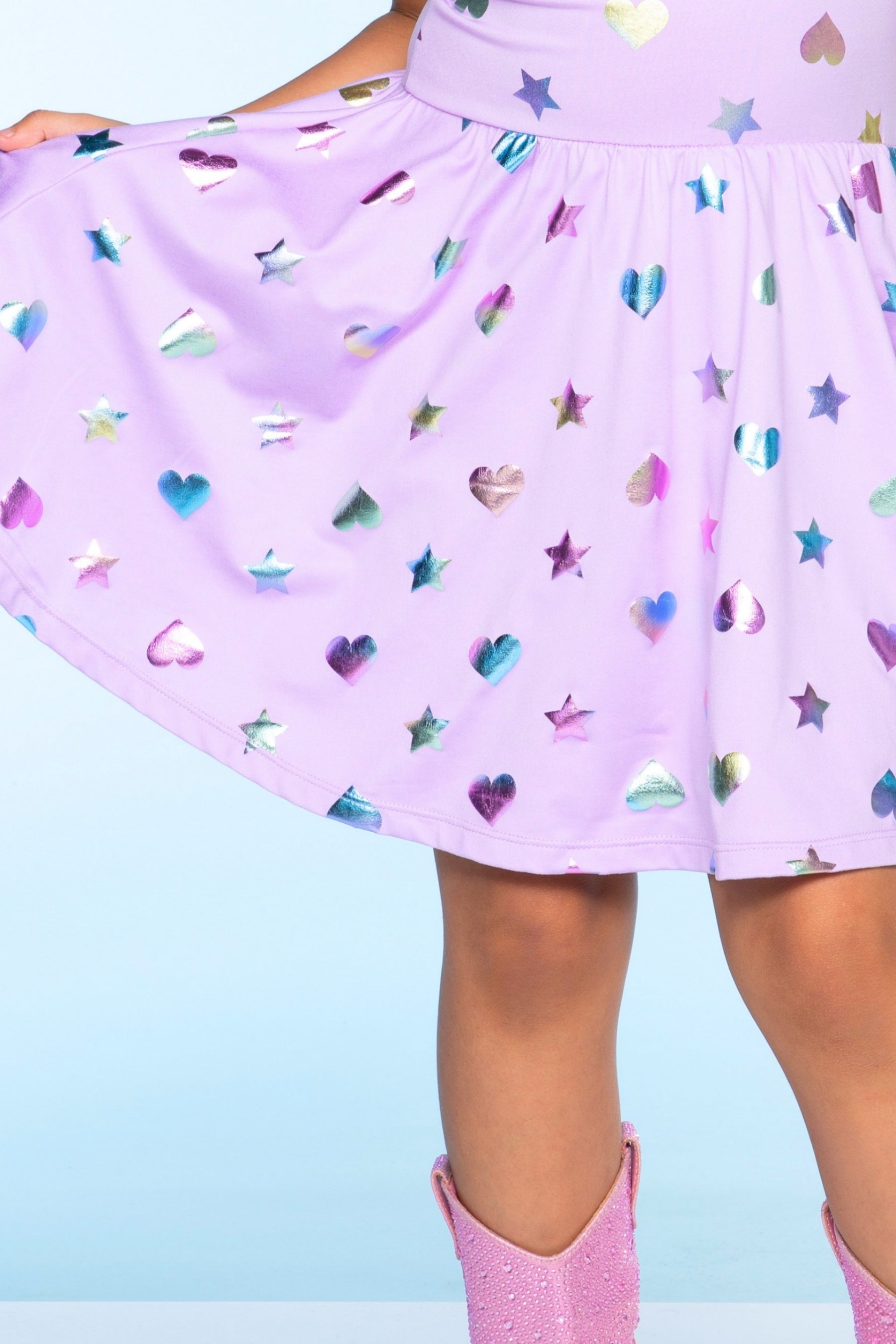 Flutter Sleeve Be Happy Dress - Lilac Rainbow Foil Hearts & Stars - NEW!