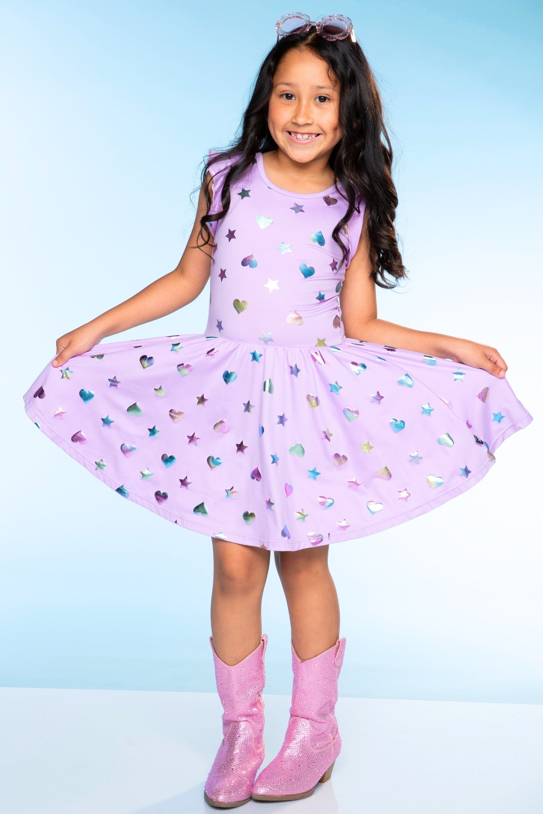 Flutter Sleeve Be Happy Dress - Lilac Rainbow Foil Hearts & Stars - NEW!