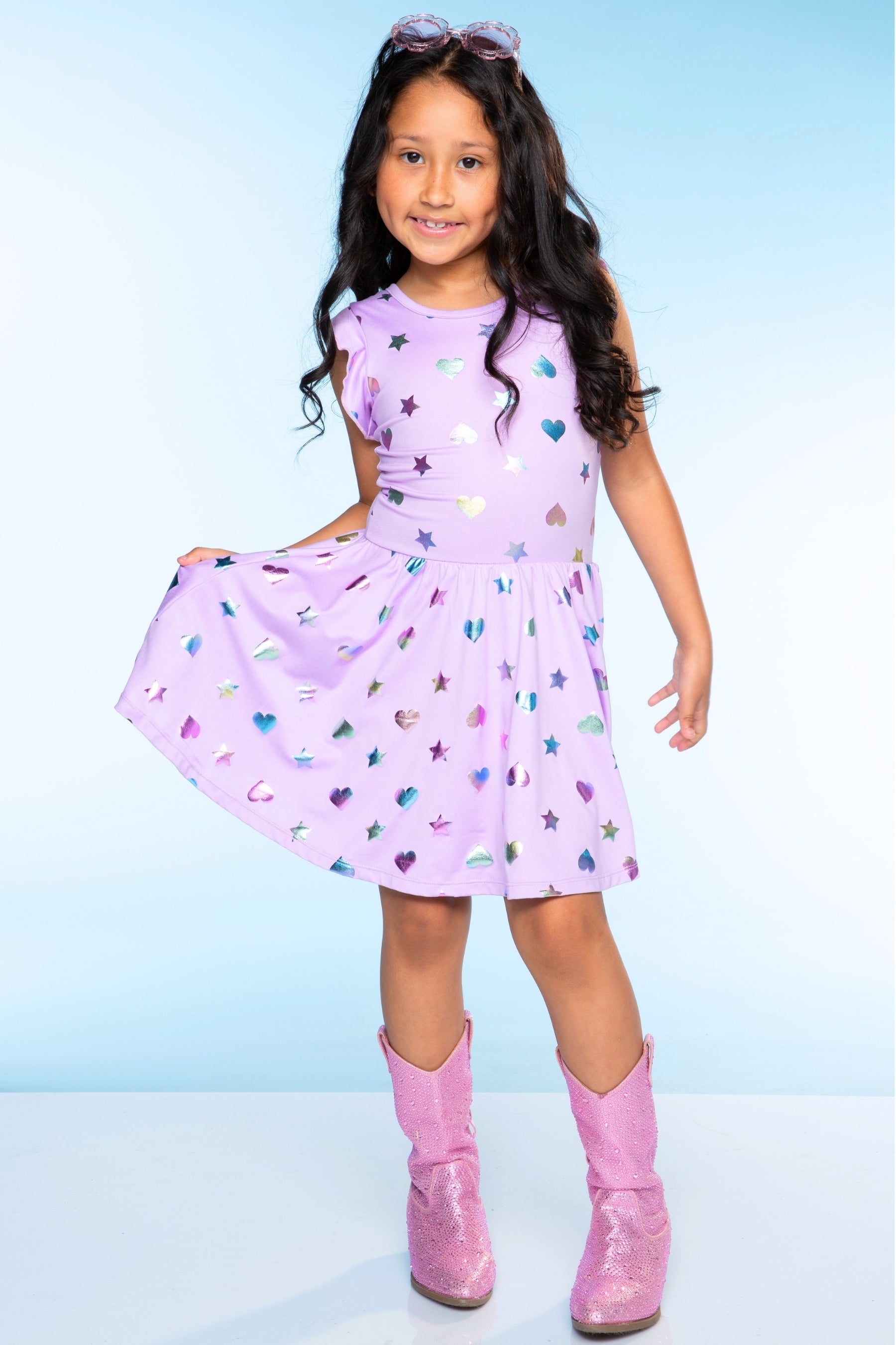 Flutter Sleeve Be Happy Dress - Lilac Rainbow Foil Hearts & Stars - NEW!