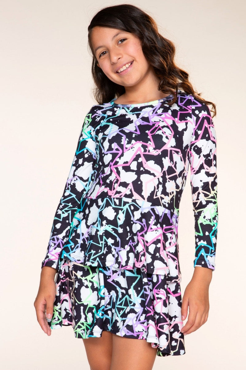 Simply Soft Long Sleeve Ruffle Skirt Dress - Black Cream Rainbow Star - NEW!
