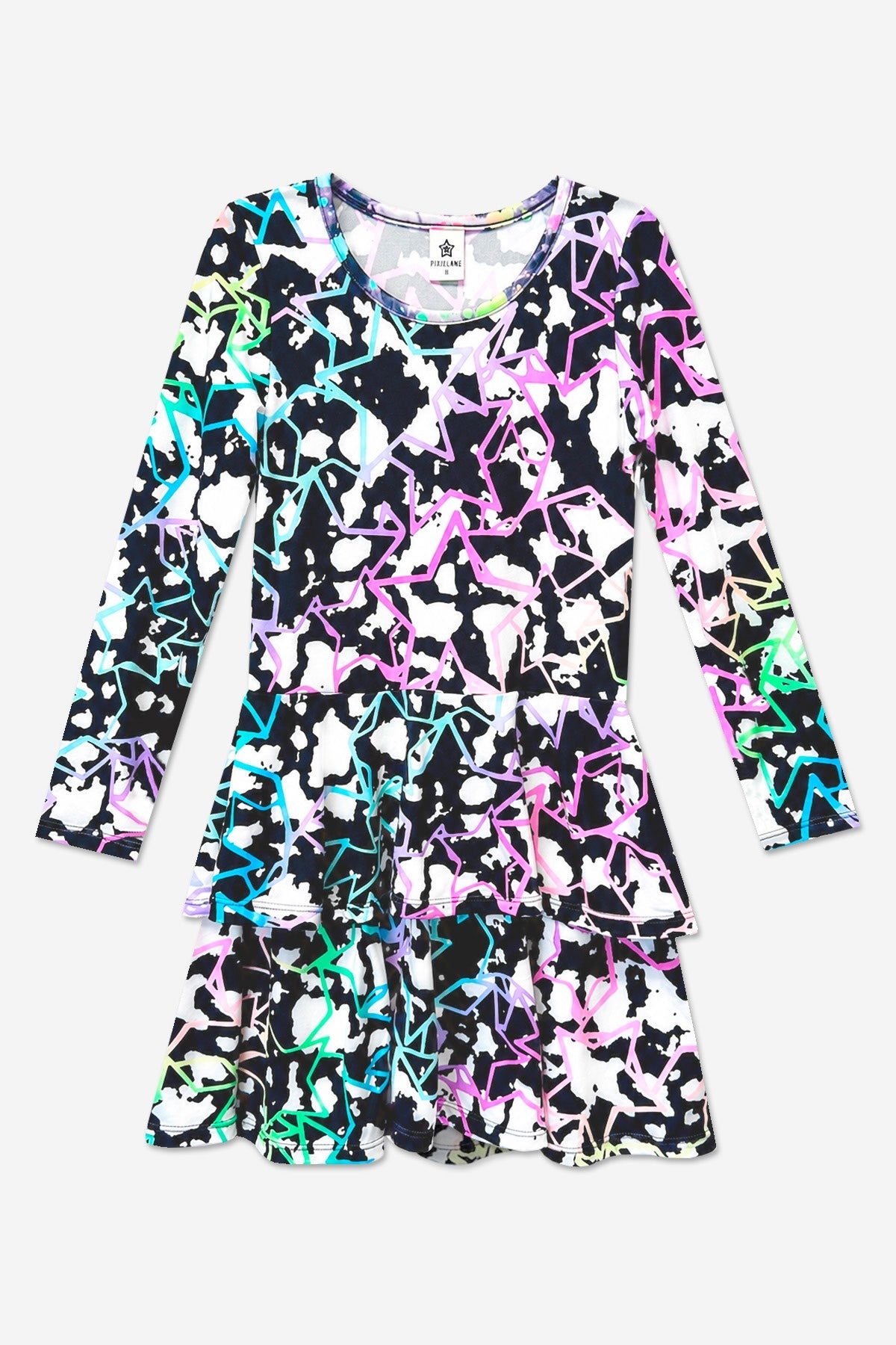 Simply Soft Long Sleeve Ruffle Skirt Dress - Black Cream Rainbow Star - NEW!