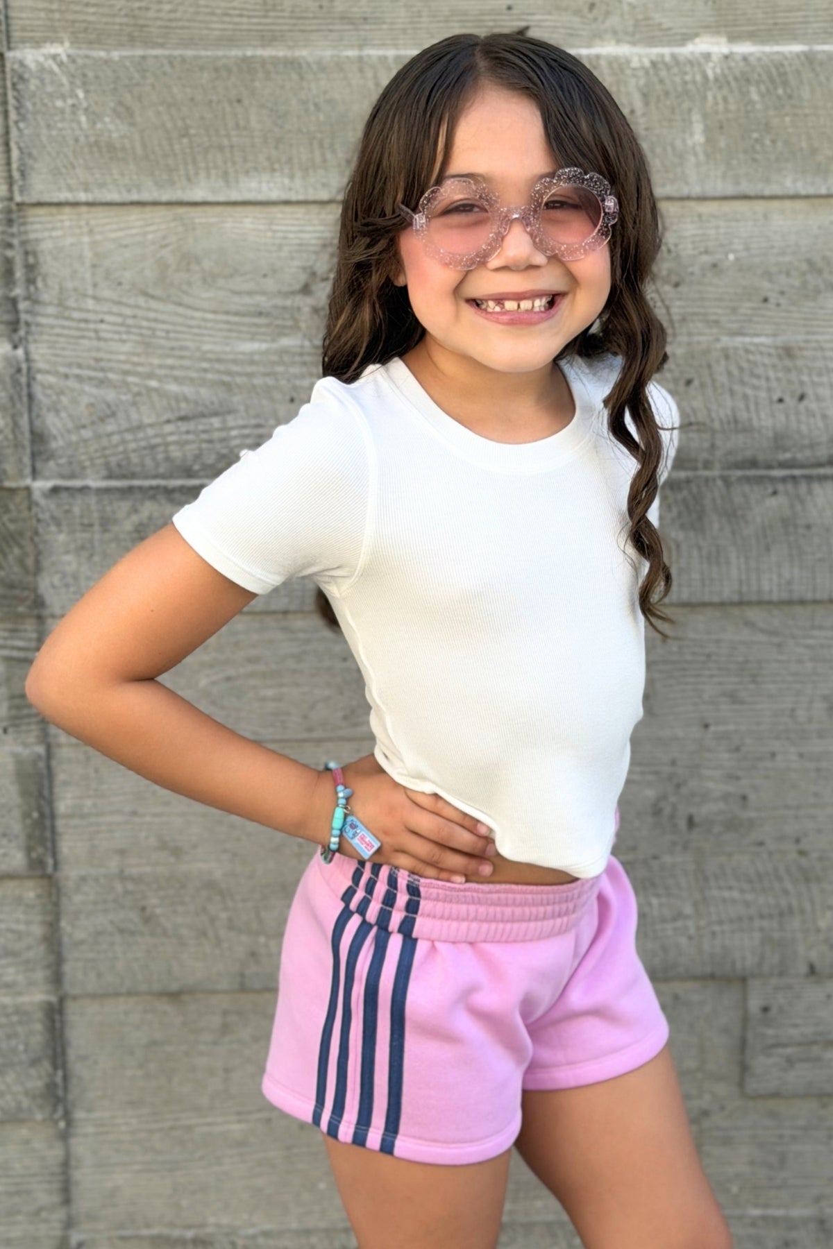 French Terry Smocked Striped Short - Ivory Pink