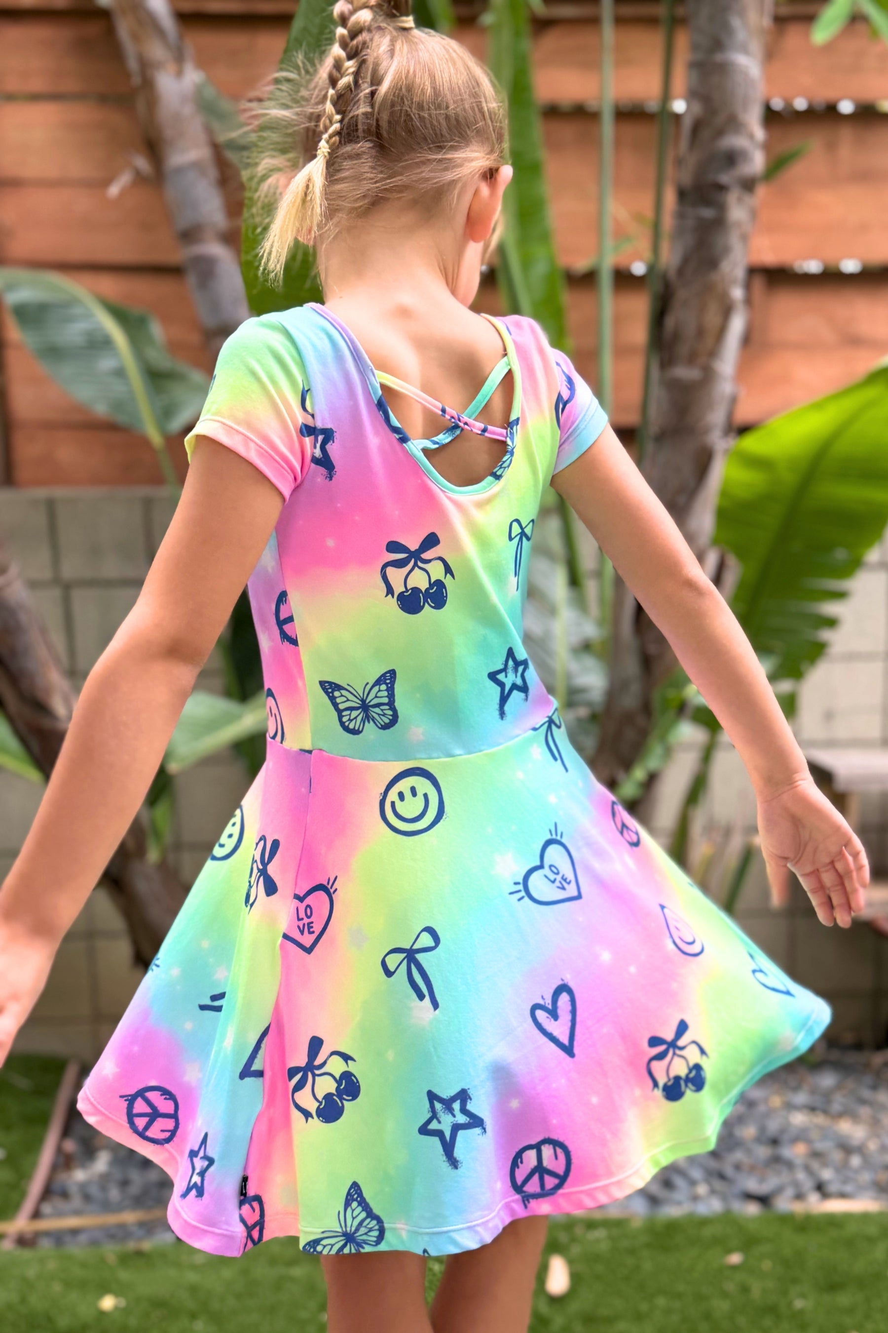 Simply Soft Short Sleeve Skater Dress - Denim Rainbow Graffiti