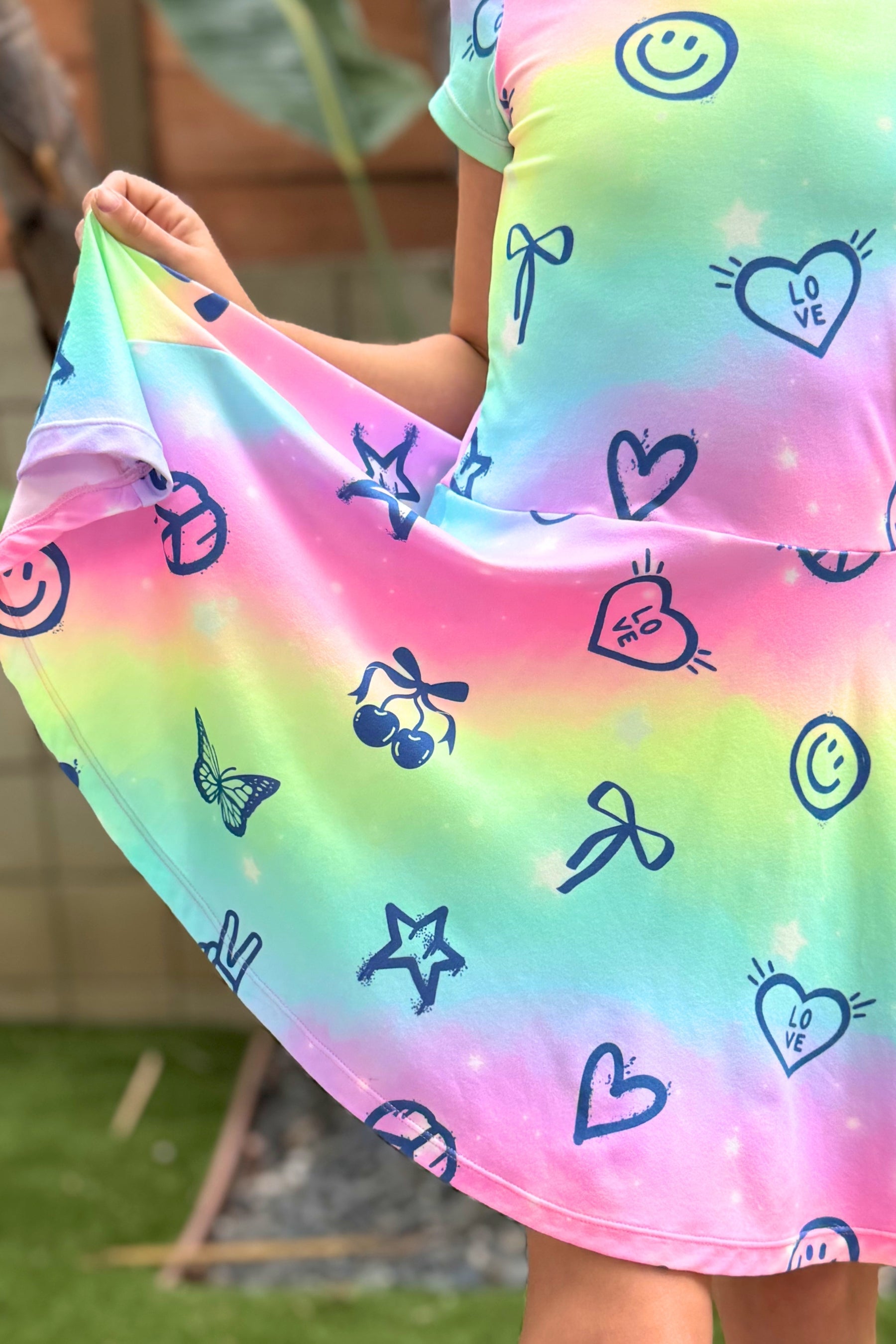 Simply Soft Short Sleeve Skater Dress - Denim Rainbow Graffiti