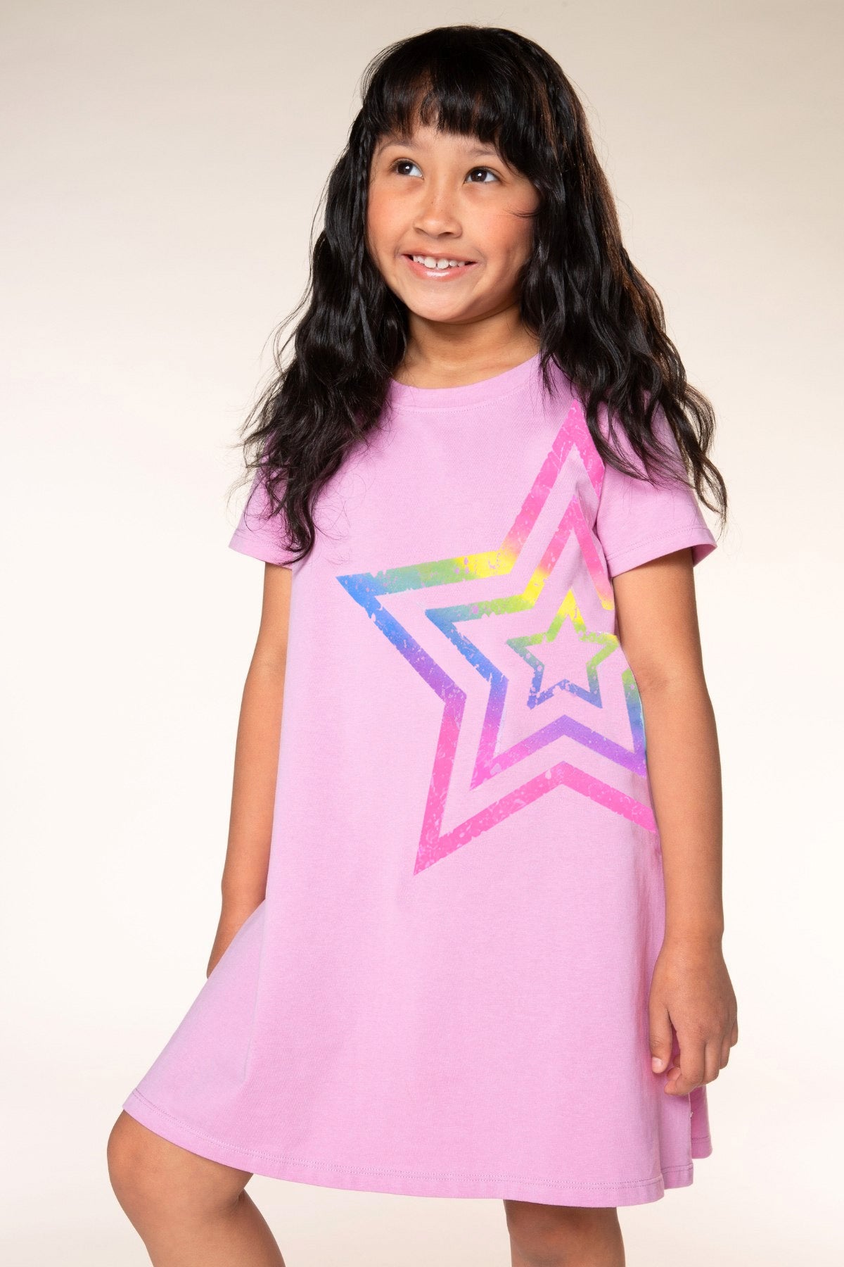 Washed Cotton Short Sleeve T-Shirt Dress - Vintage Pink Rainbow Star - NEW!