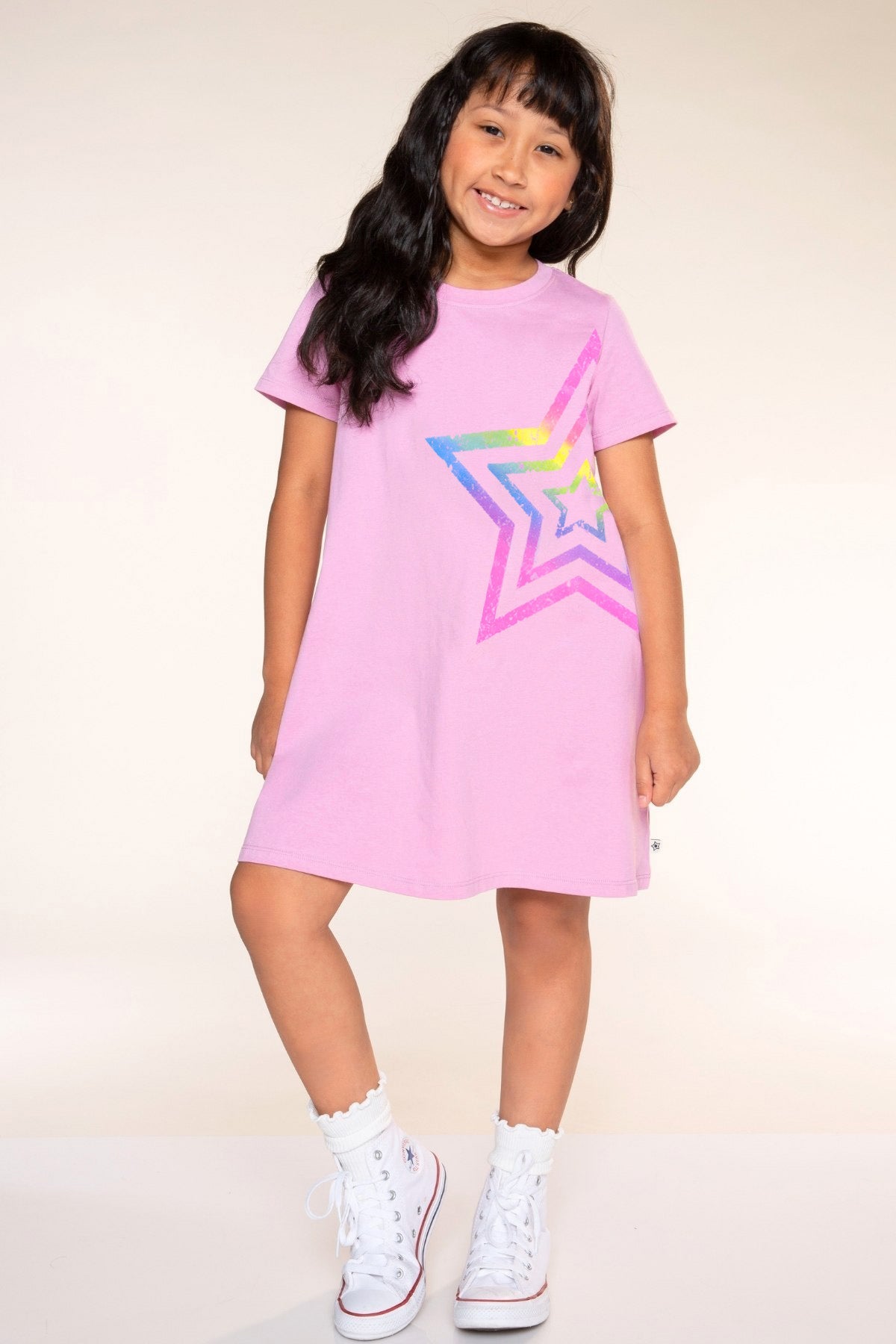Washed Cotton Short Sleeve T-Shirt Dress - Vintage Pink Rainbow Star - NEW!
