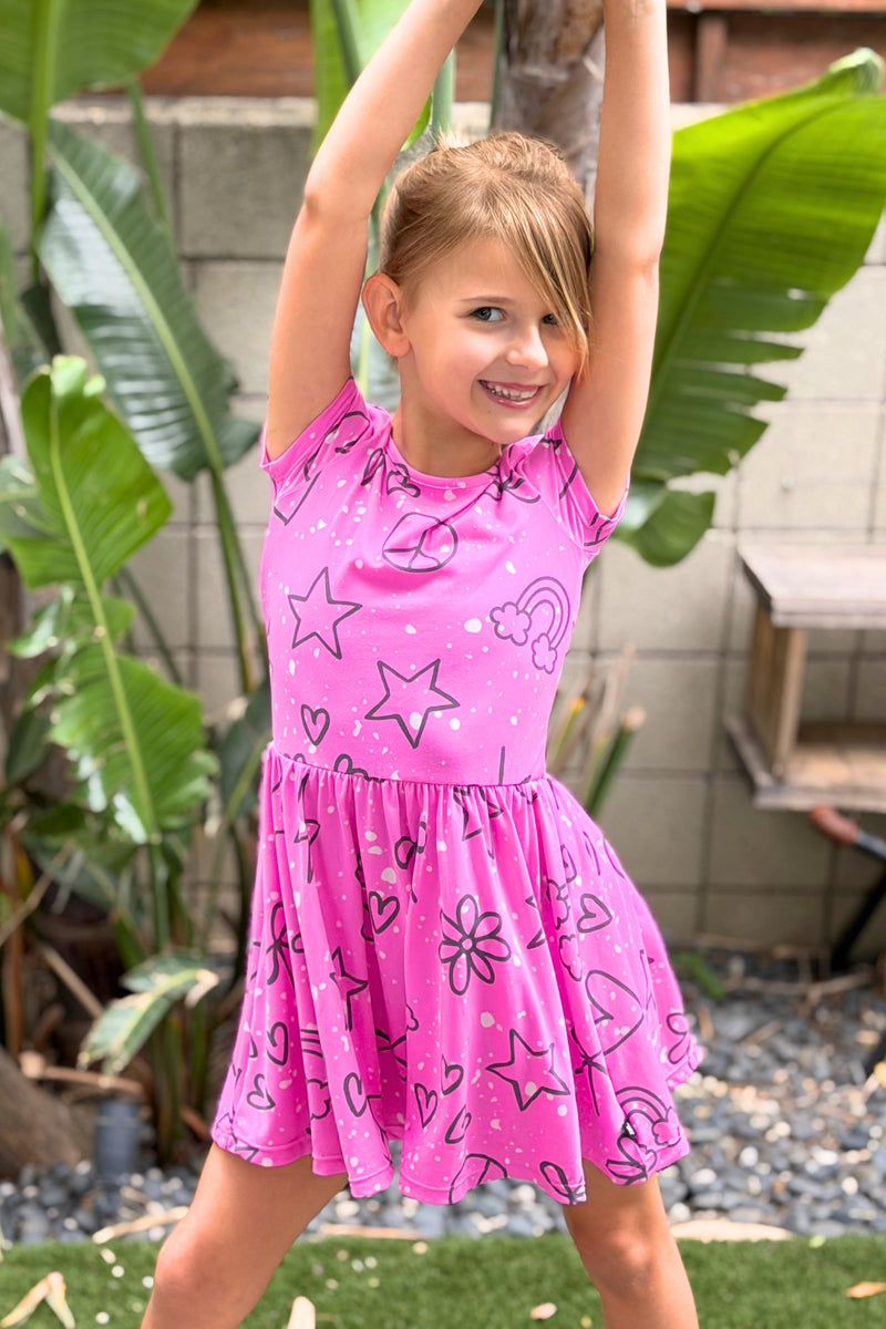 Simply Soft Short Sleeve Scoop Back Be Happy Dress - Neon Pink Sketch Emoji - NEW!