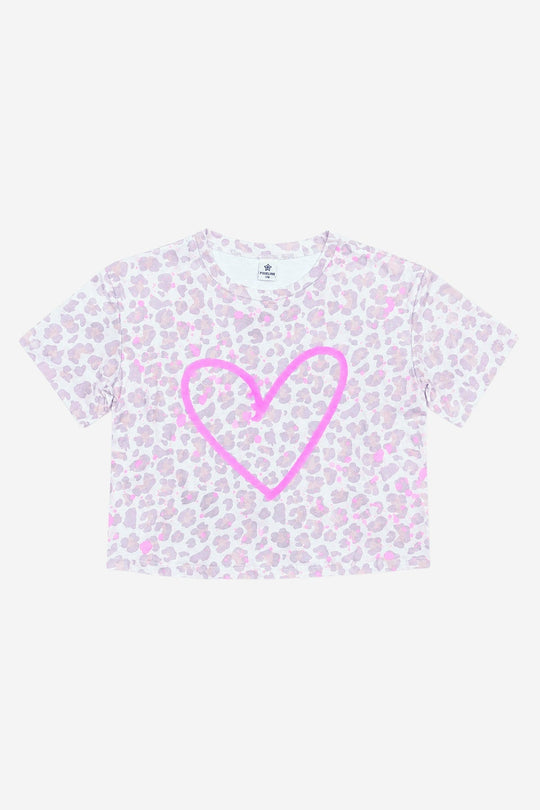 Washed Cotton Drop Shoulder Tee in Taupe Leopard Pink Sketch Heart