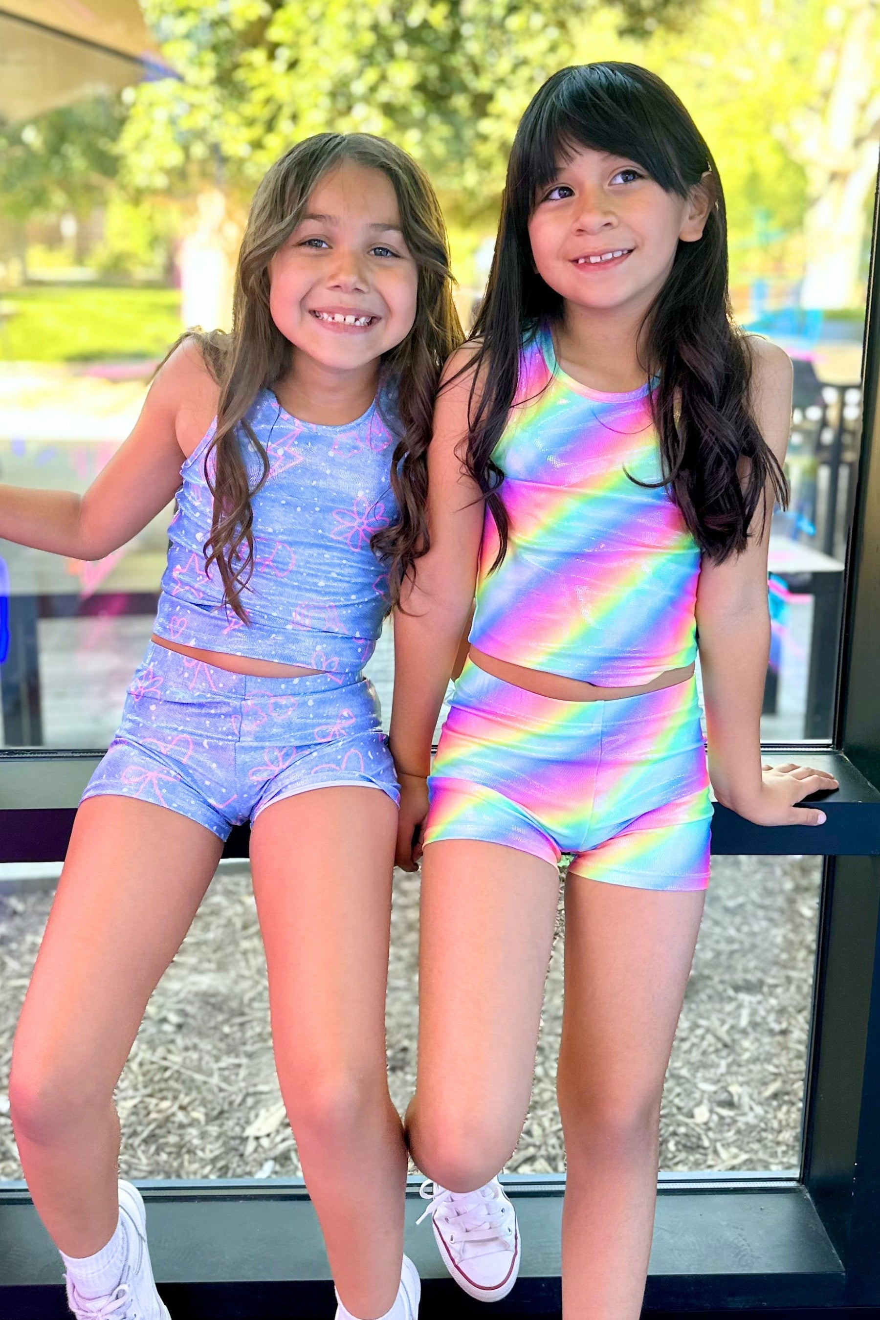 High Shine Cropped Racerback Tank & Tumble Short - Black Sparkle Rainbow Gummy Bear