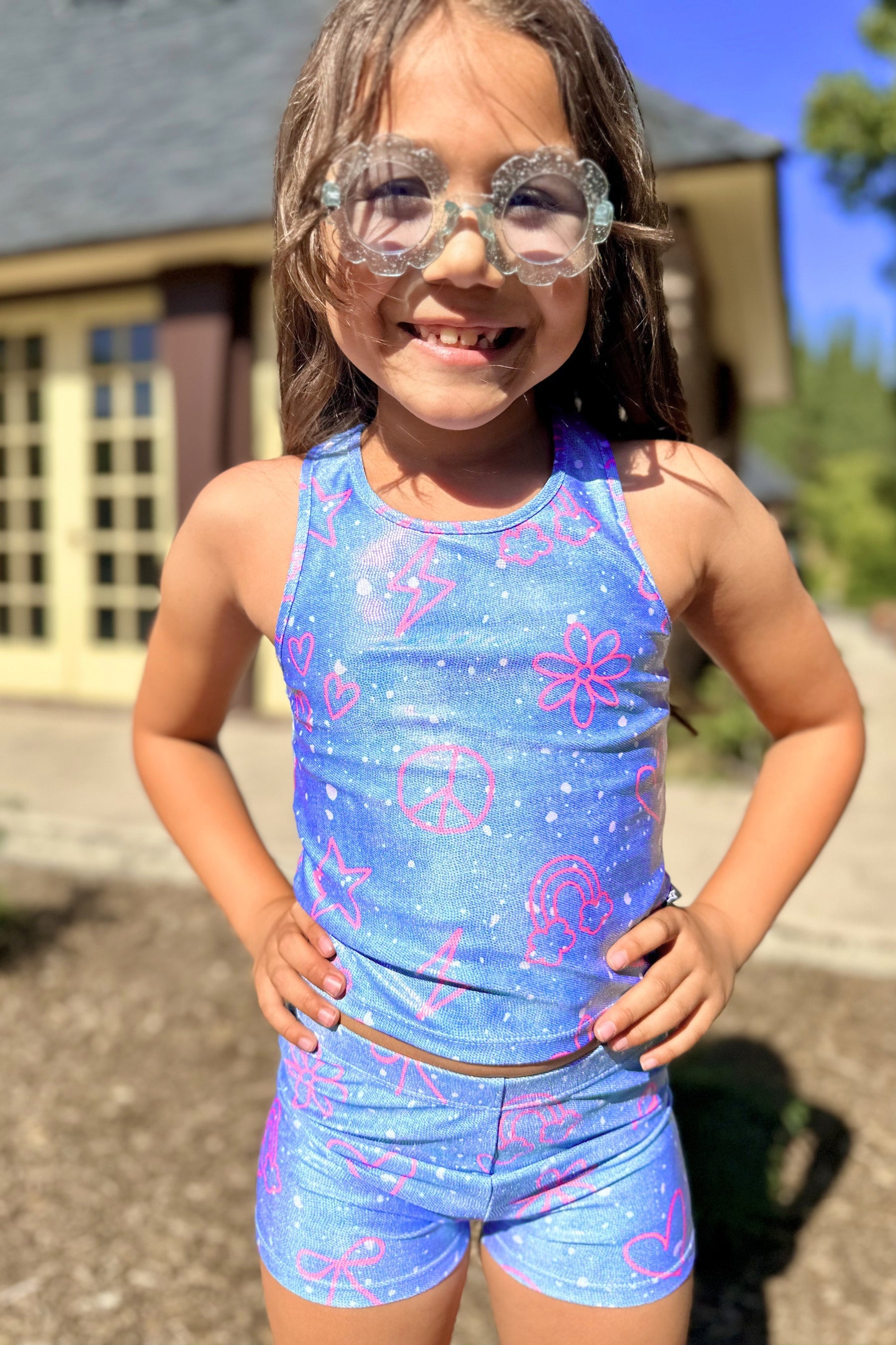 High Shine Cropped Racerback Tank & Tumble Short - Black Sparkle Rainbow Gummy Bear