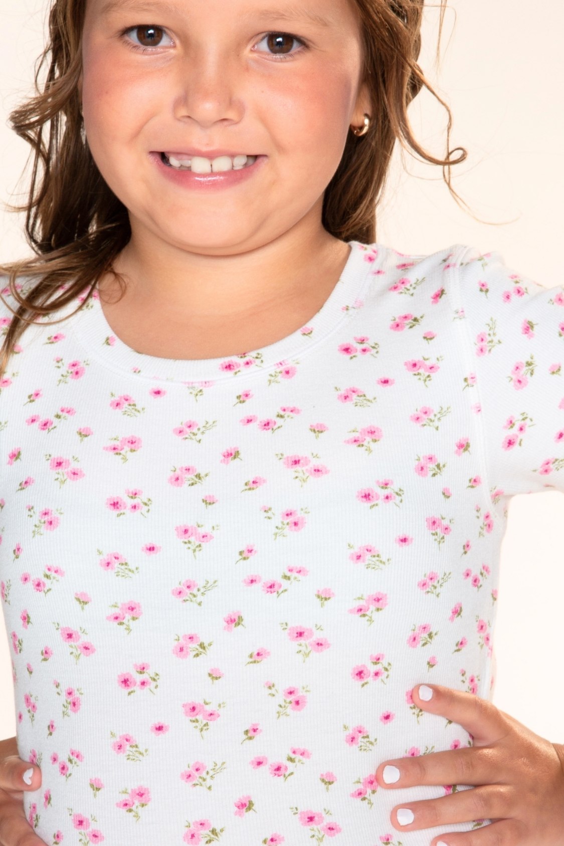 Ultra-Soft Ribbed Long Sleeve Fitted Tee - Oatmeal Pink Floral - NEW!