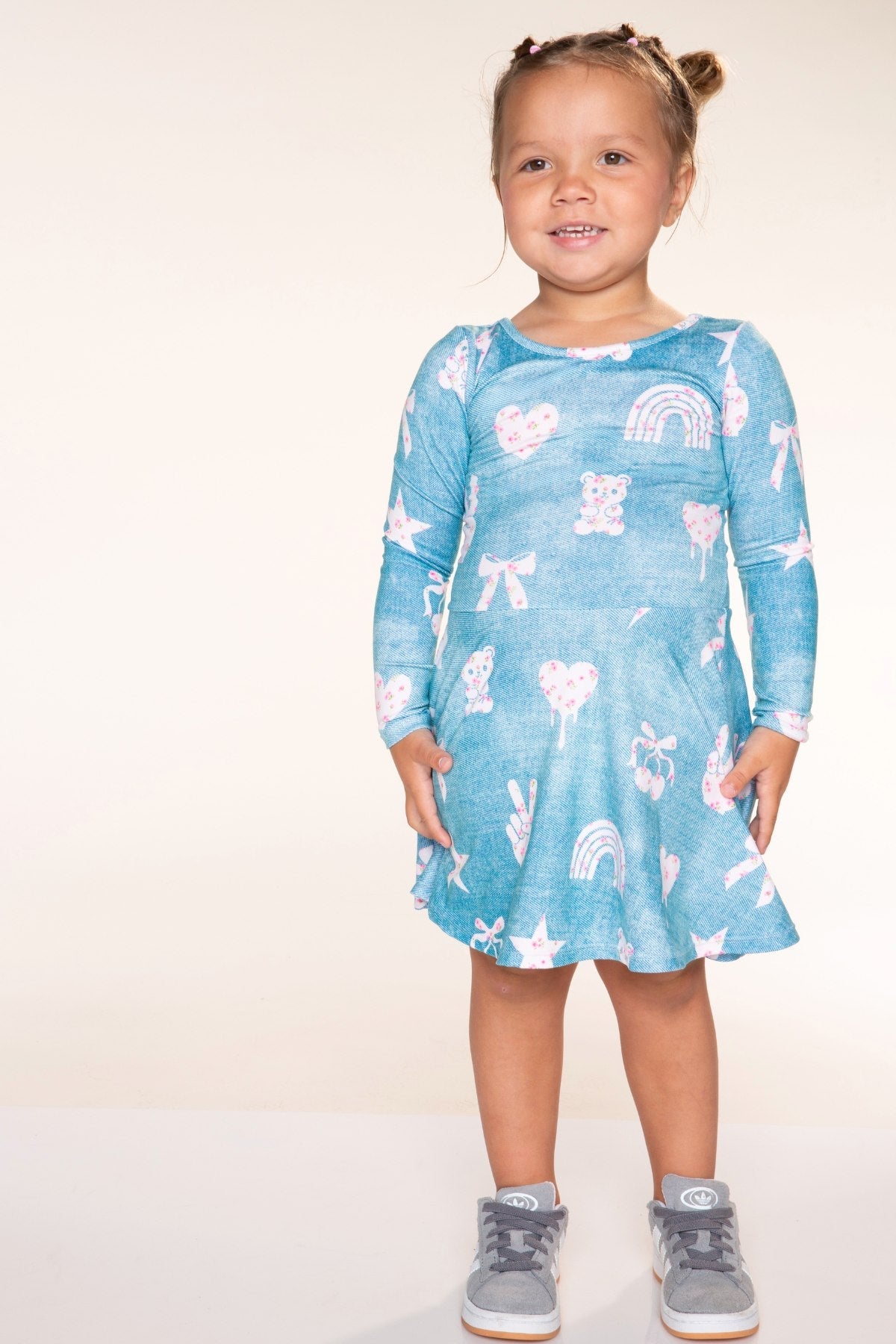 Simply Soft Long Sleeve Skater Dress - Denim Ivory Floral - NEW!
