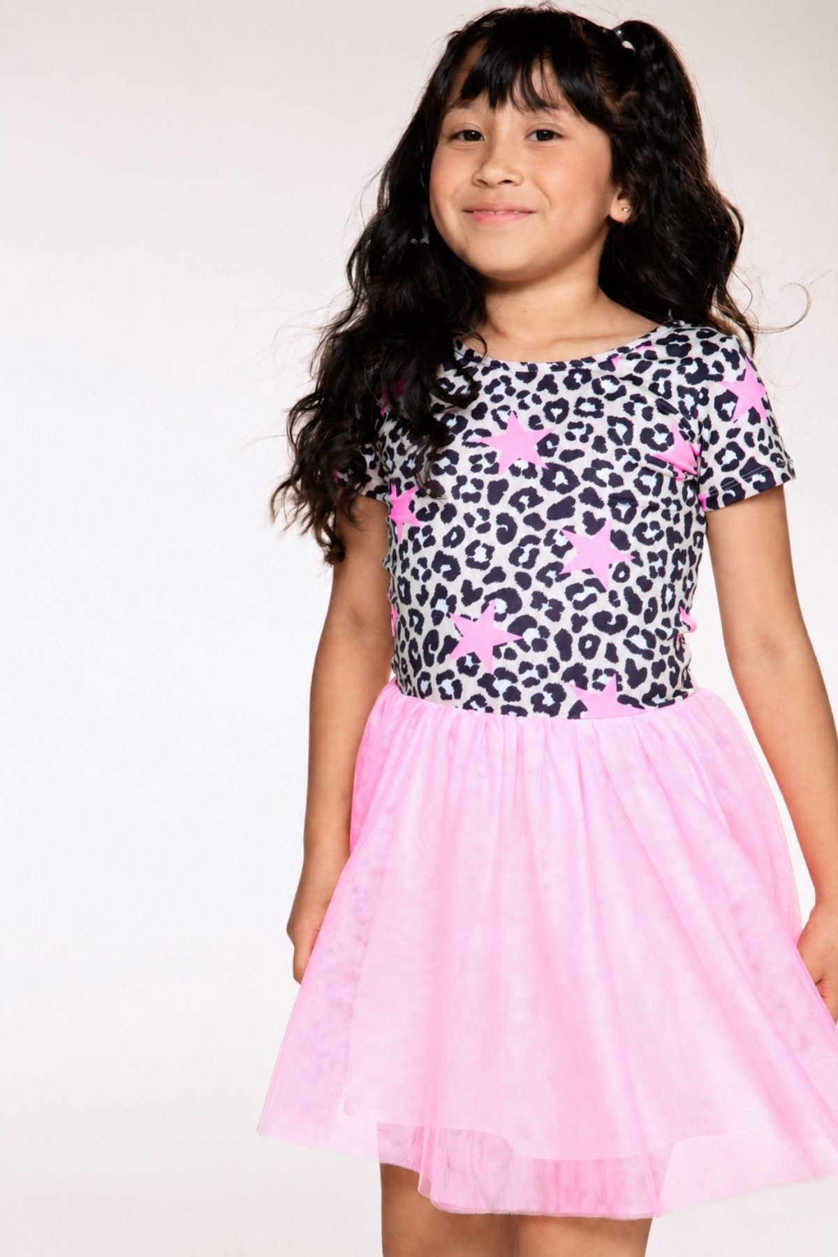 Simply Soft Short Sleeve Be Happy Tulle Dress - Taupe Pink Leopard Star - NEW!