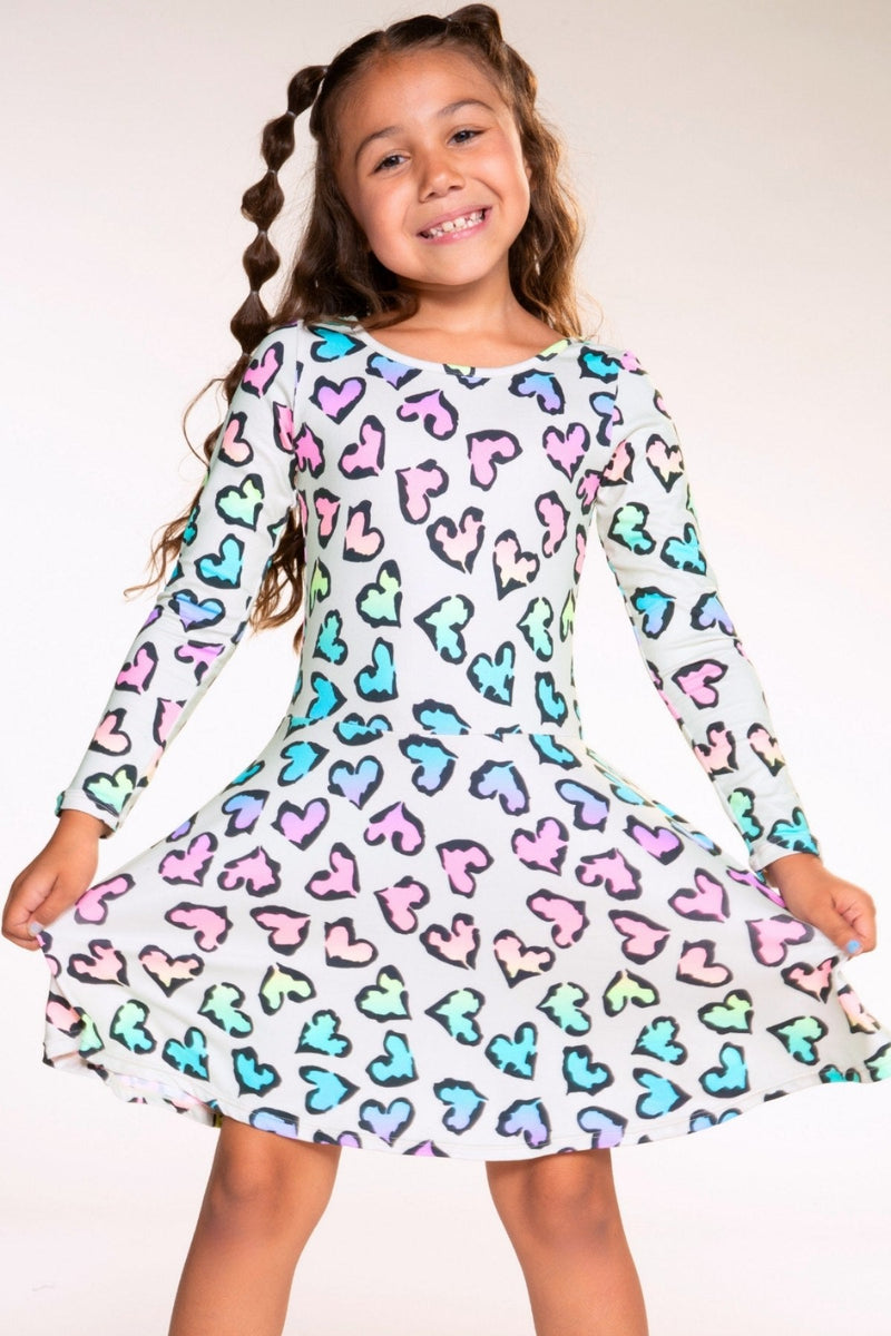 Simply Soft Long Sleeve Skater Dress - Rainbow Leopard Heart - NEW!