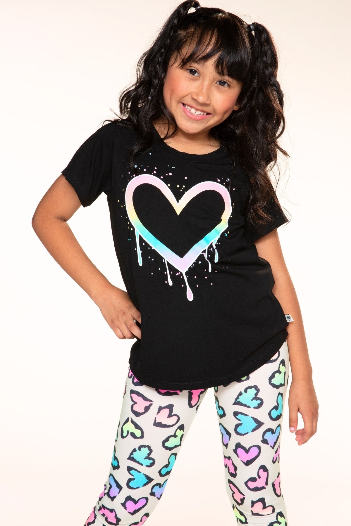 Modal Short Sleeve Shirttail Top - Black Rainbow Drip Heart - NEW!