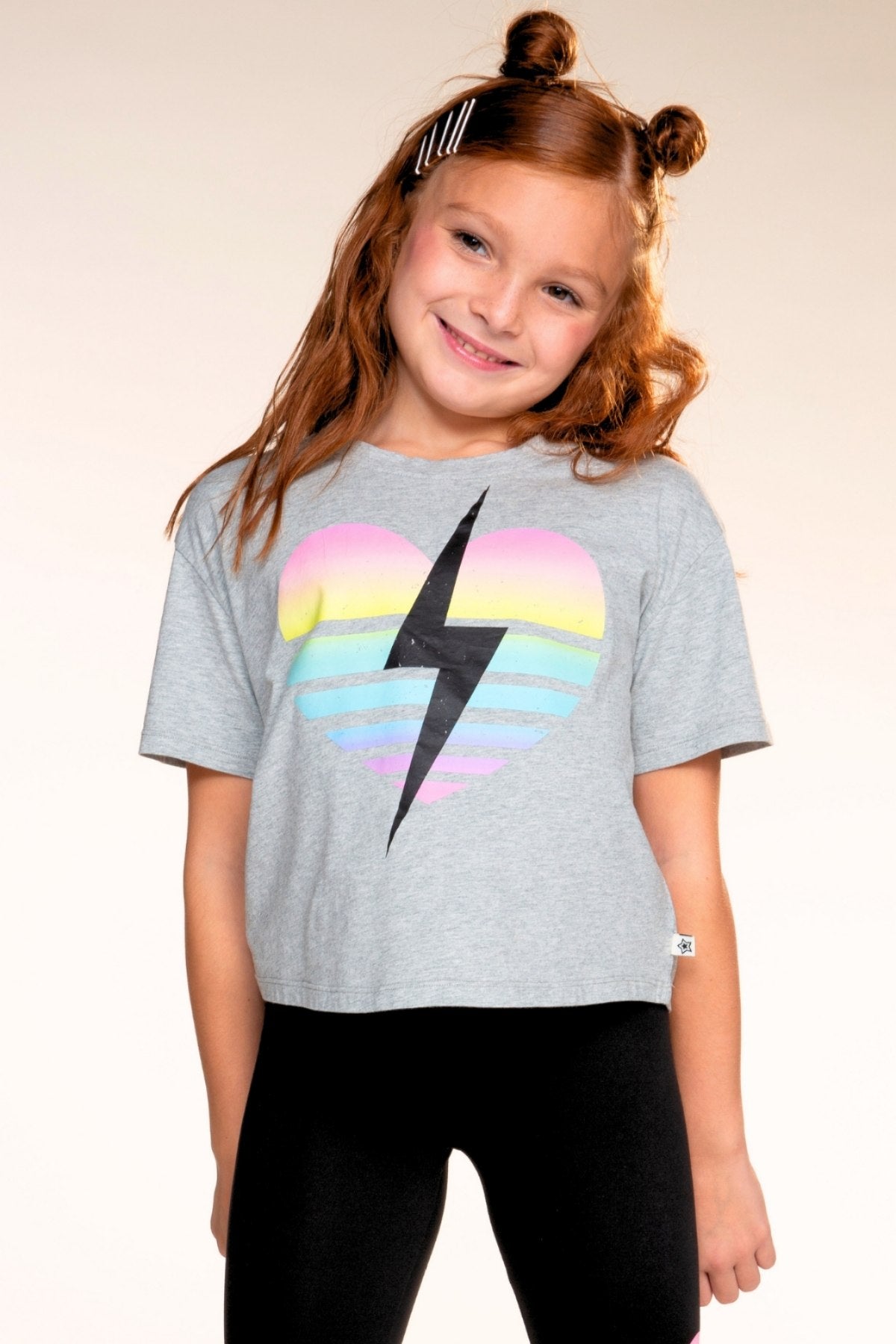 Washed Cotton Drop Shoulder Tee. - H.Grey Rainbow Heart Bolt - NEW!
