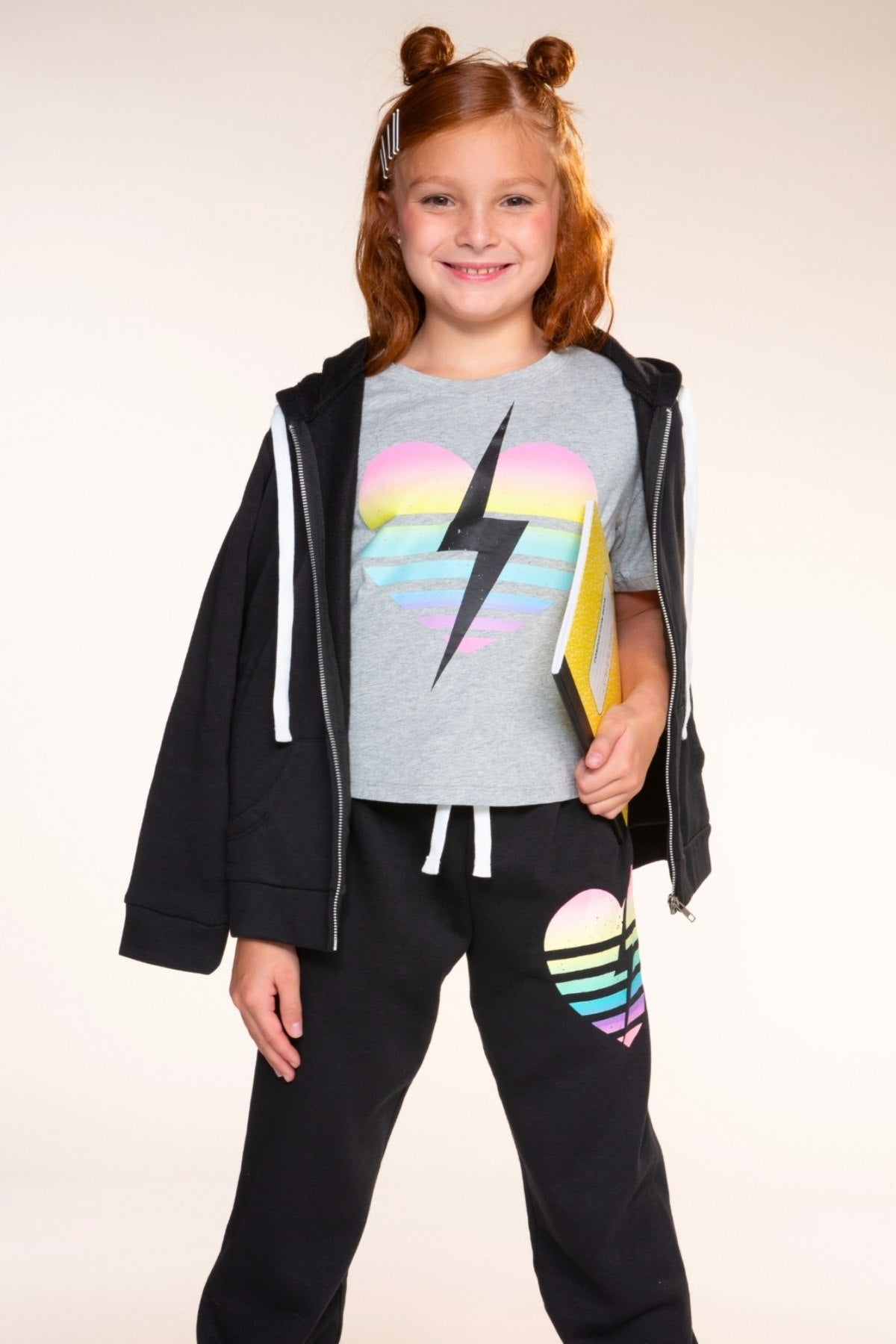 Washed Cotton Drop Shoulder Tee. - H.Grey Rainbow Heart Bolt - NEW!