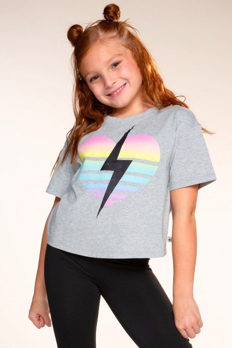Washed Cotton Drop Shoulder Tee. - H.Grey Rainbow Heart Bolt - NEW!