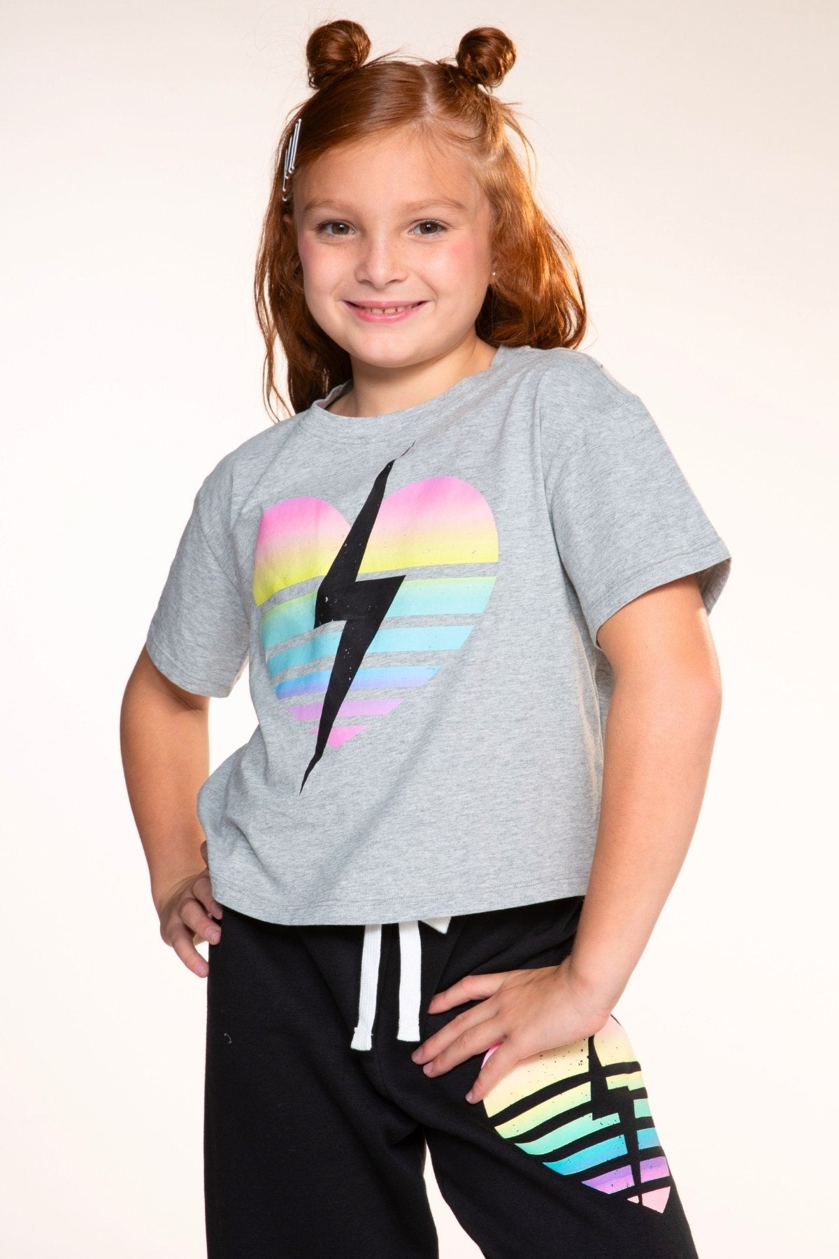 Washed Cotton Drop Shoulder Tee. - H.Grey Rainbow Heart Bolt - NEW!