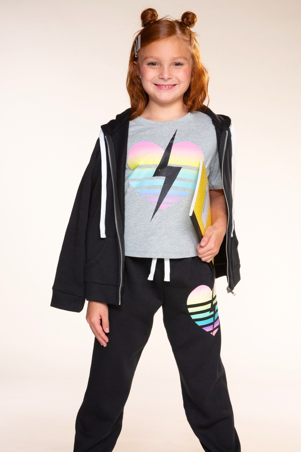 Cloud Soft French Terry Easy Zip Hoodie - Black Rainbow Heart Bolt - NEW!