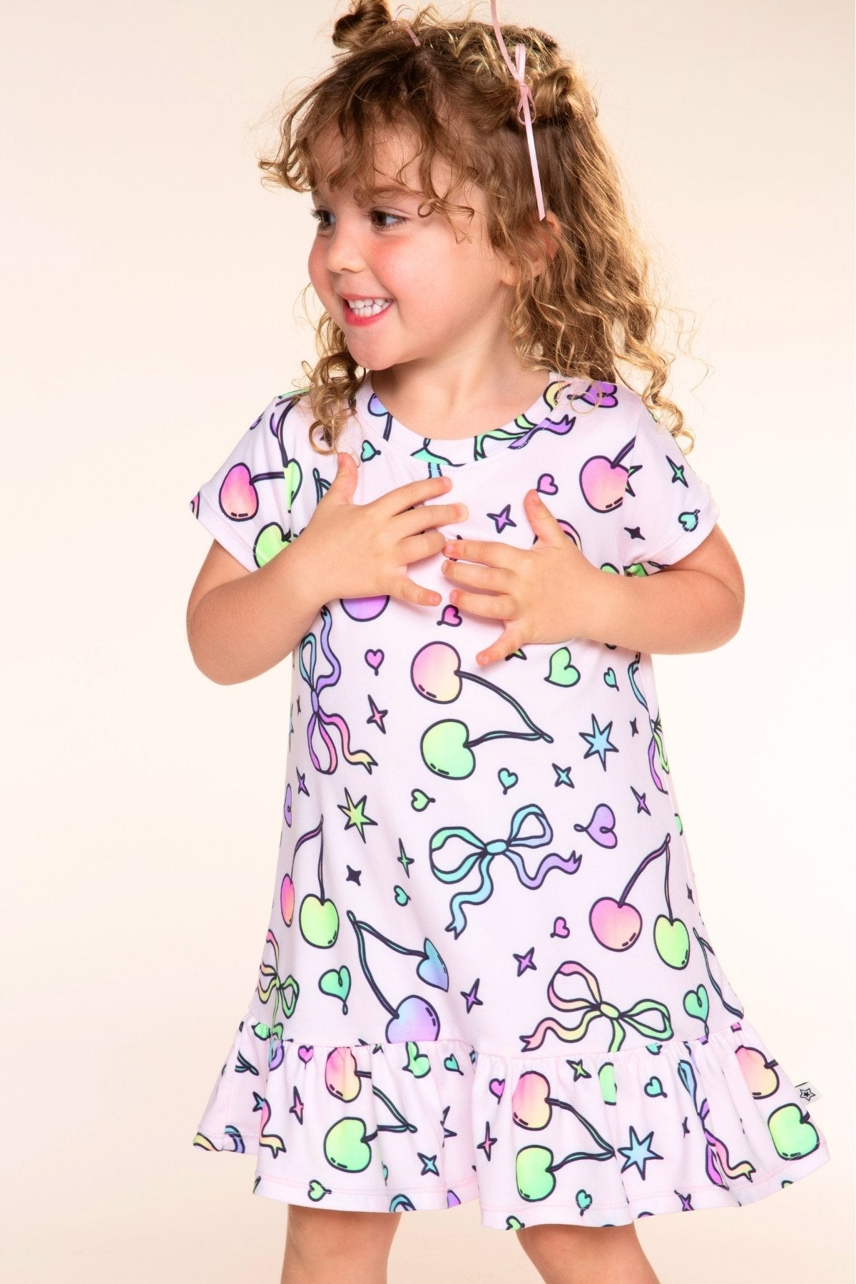 Simply Soft Short Sleeve Ruffle Lounge Dress - Pink Rainbow Bow Cherry - NEW